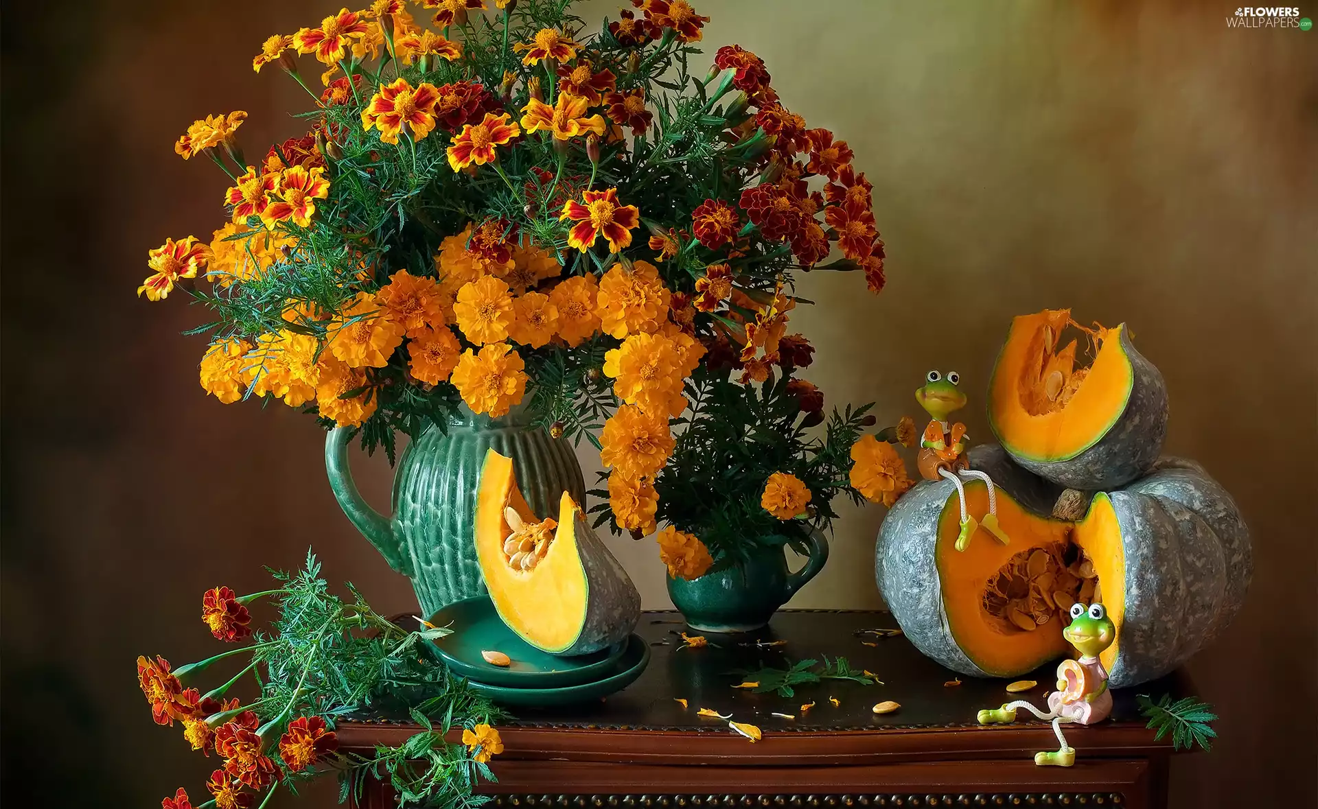 Vase, pumpkin, Tagetes, bouquet, Flowers