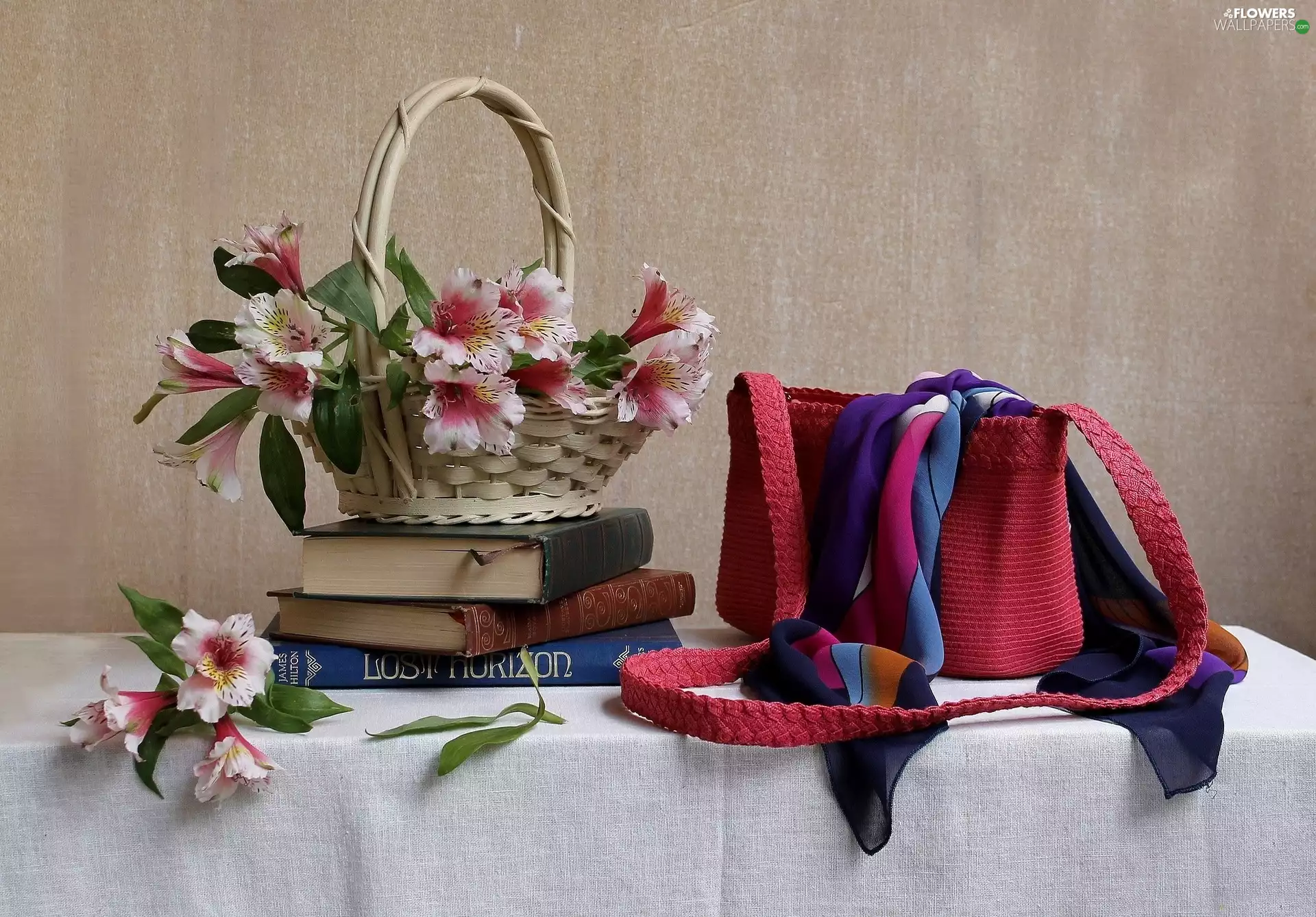 Books, Purse, bouquet, Alstroemeria, Flowers