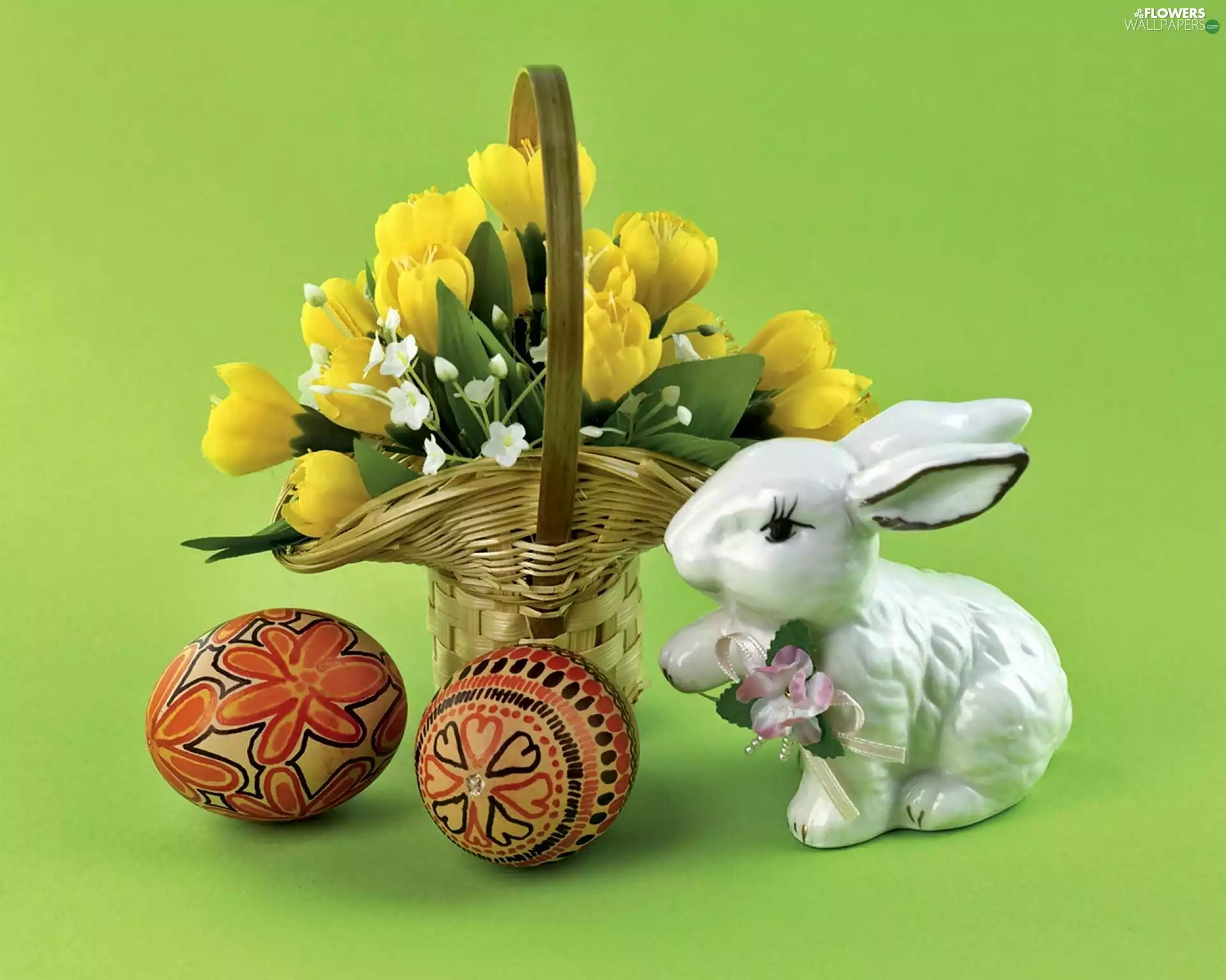 porcelain, Rabbit, crocus, eggs, bouquet