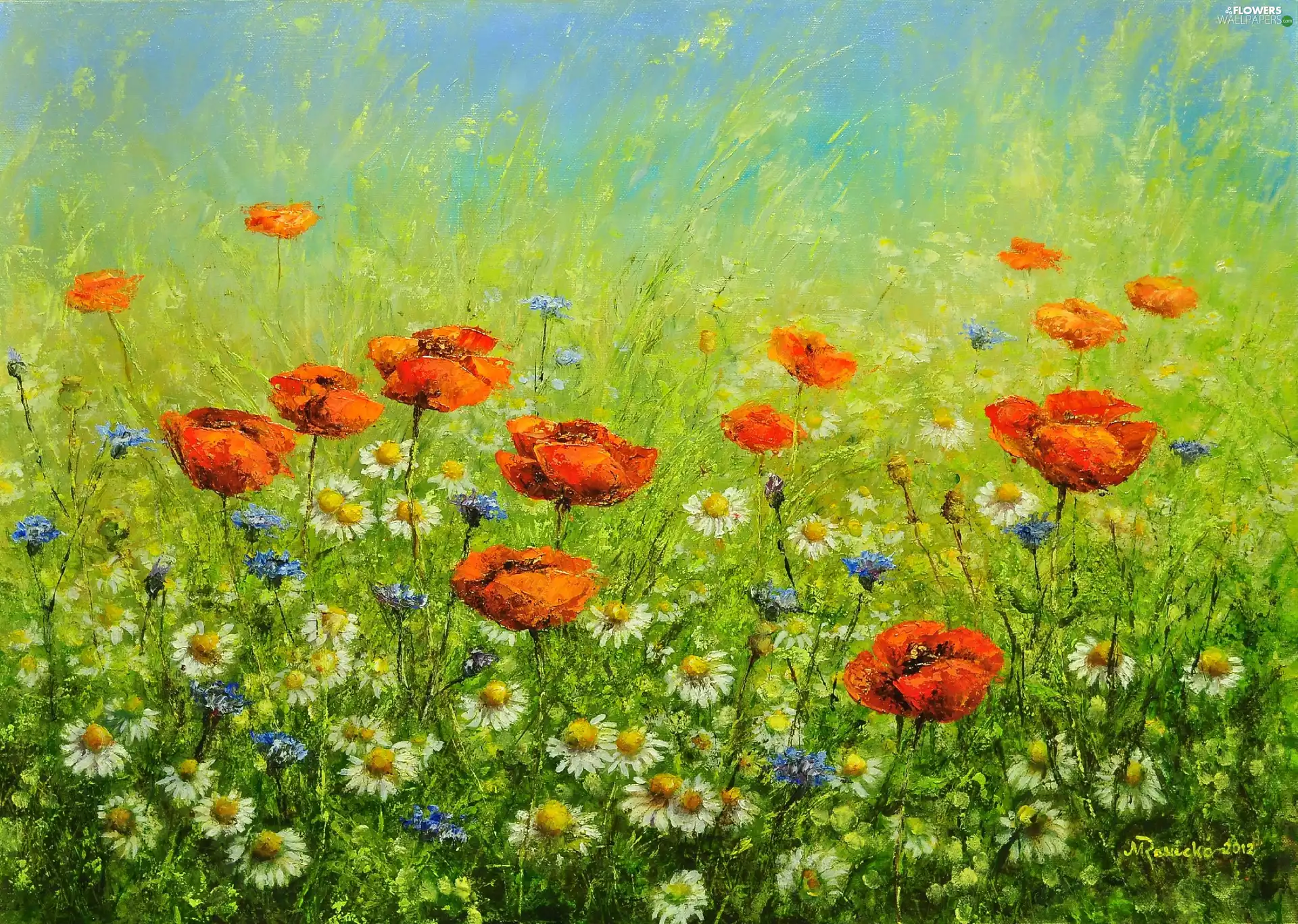 Margaret Rawicka, Meadow, painting, papavers