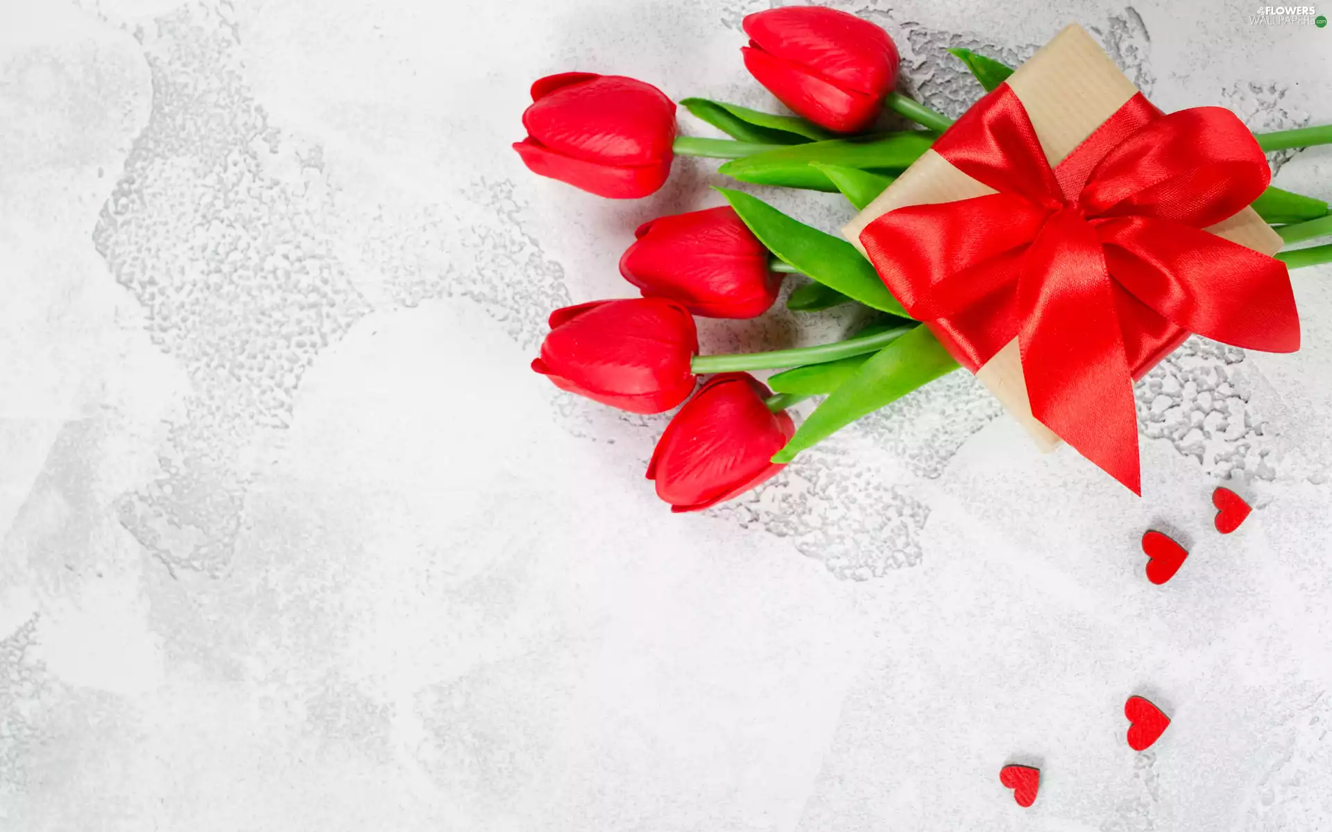 Red, Tulips, hearts, Present, bow, Flowers, Artificial, red hot