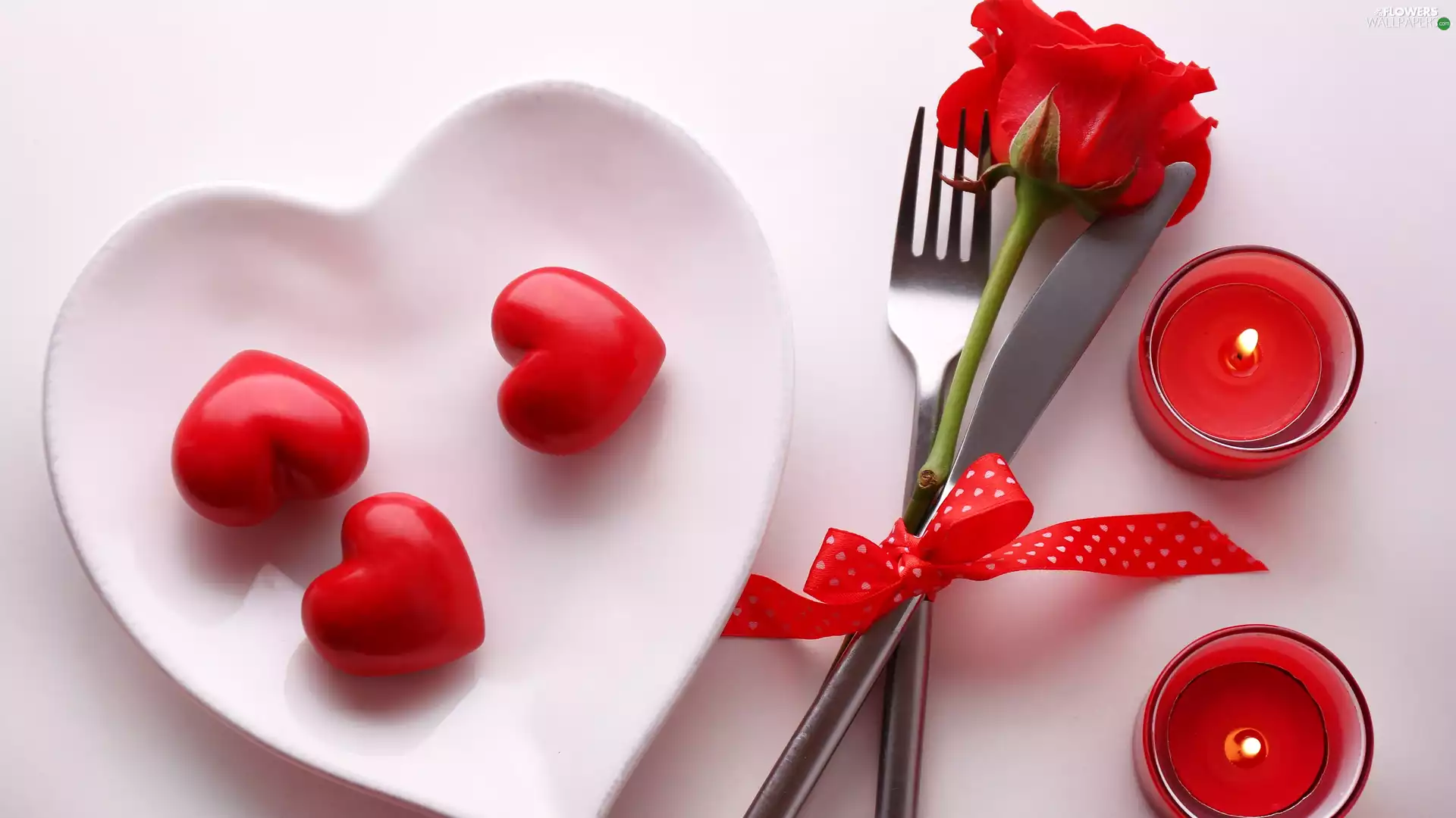 Red, composition, hearts, plate, candles, love, fork, rose, Heart