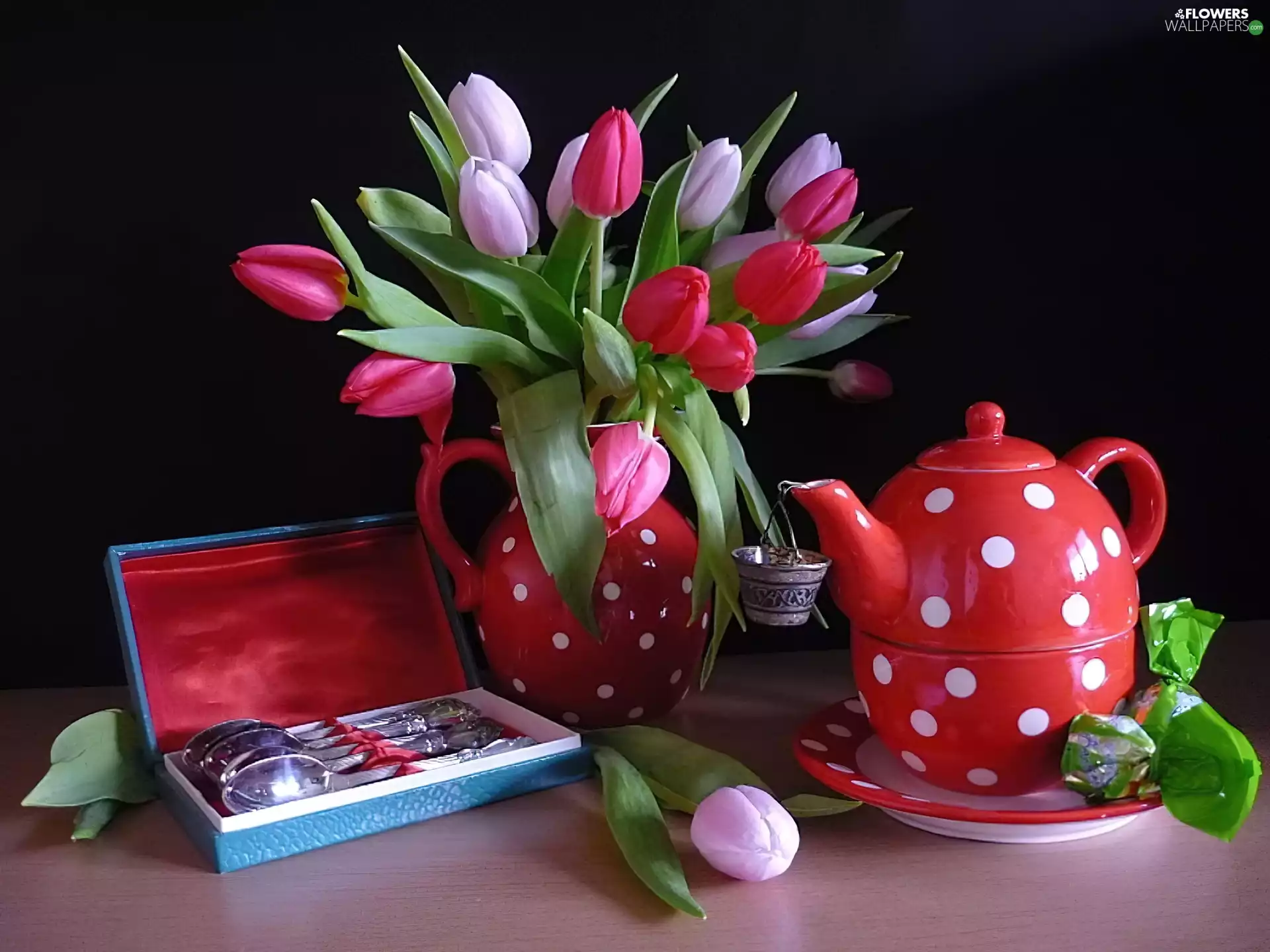 Tulips, purple, jug, Red