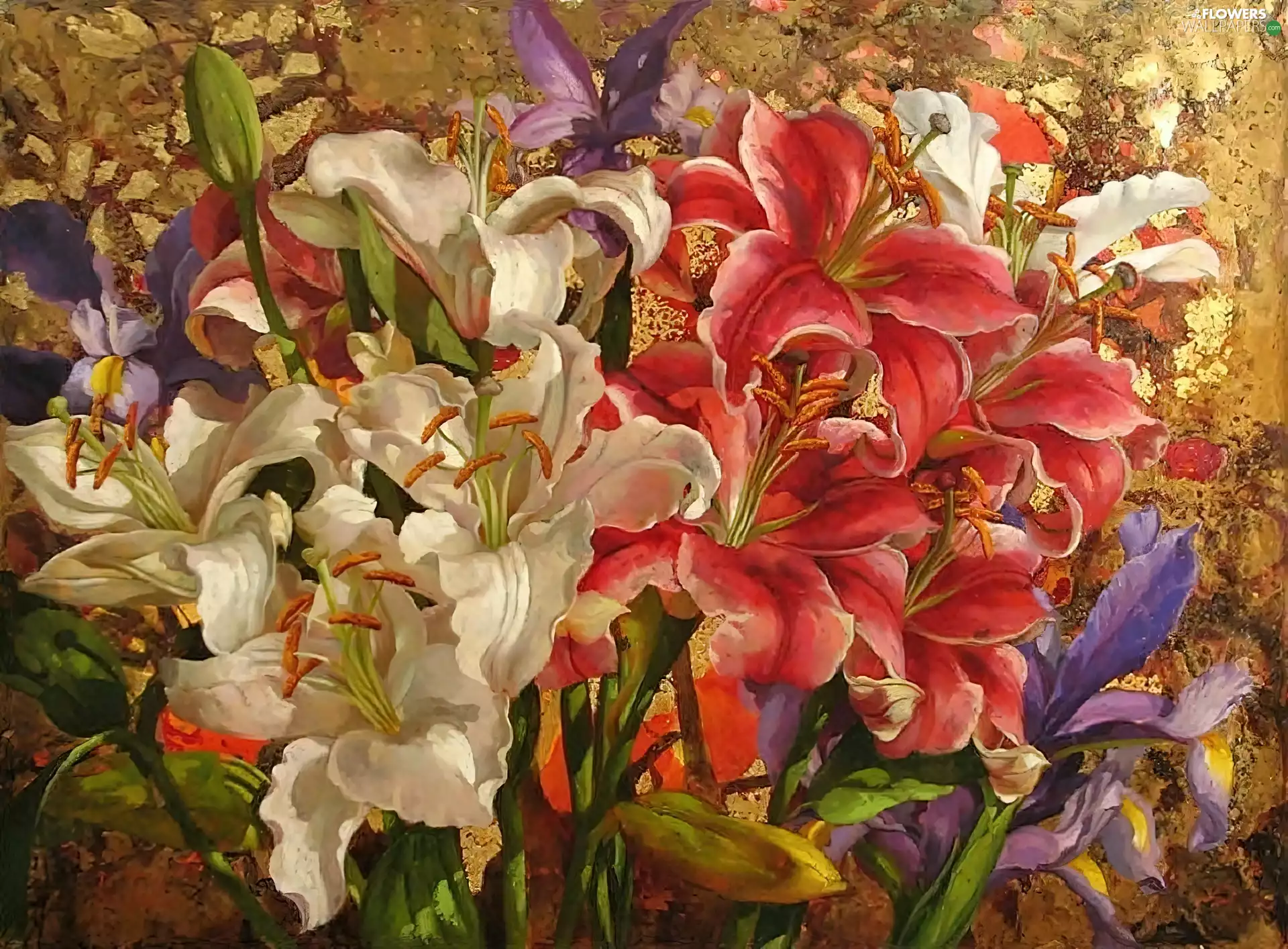 White, lilies, picture, Red