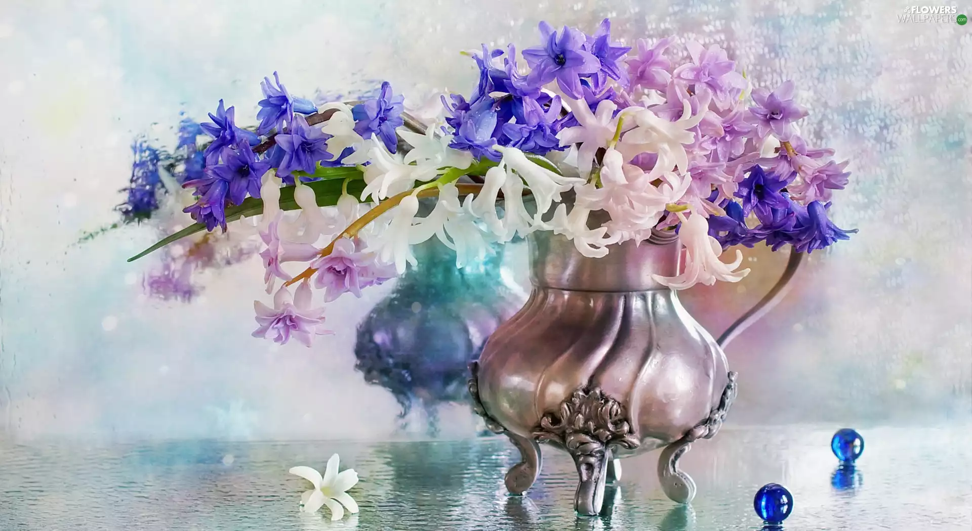 drops, reflection, bouquet, Hyacinths, Vase