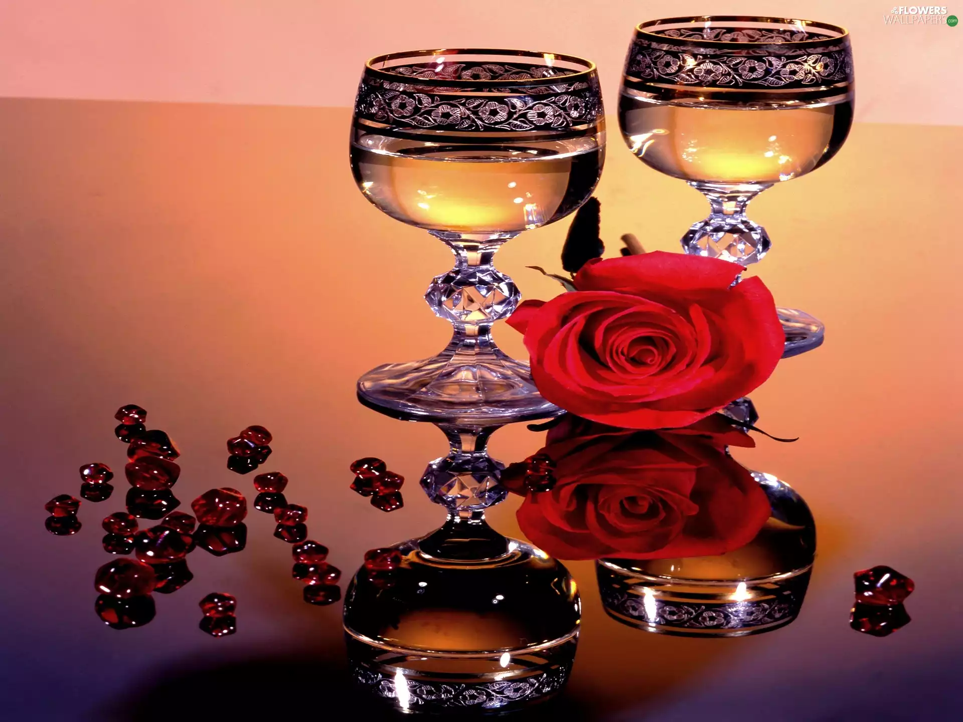 reflection, Mirror, rose, glasses, red hot