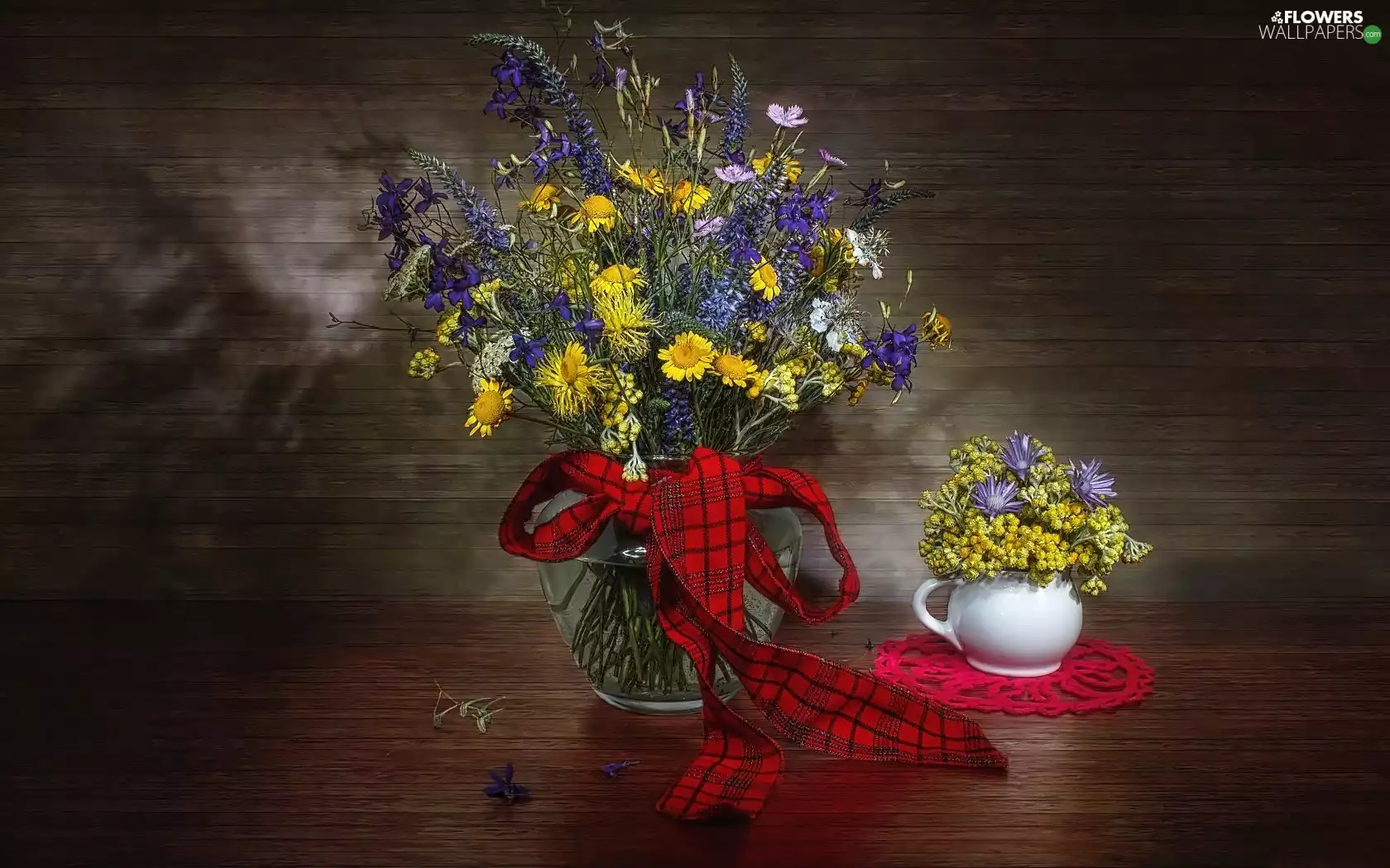 wild, Bouquets, checkered, ribbon, composition, flowers