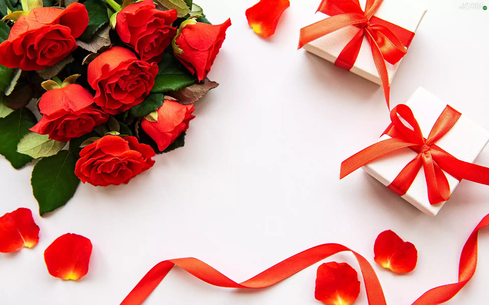 bouquet, Red, gifts, ribbon, Two cars, roses