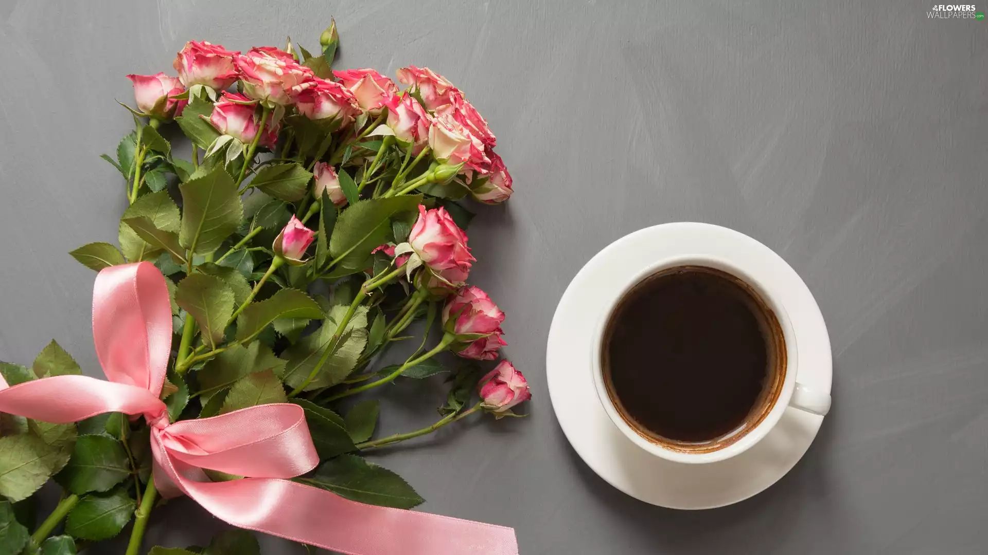 cup, bouquet, Grey, ribbon, roses, coffee, background