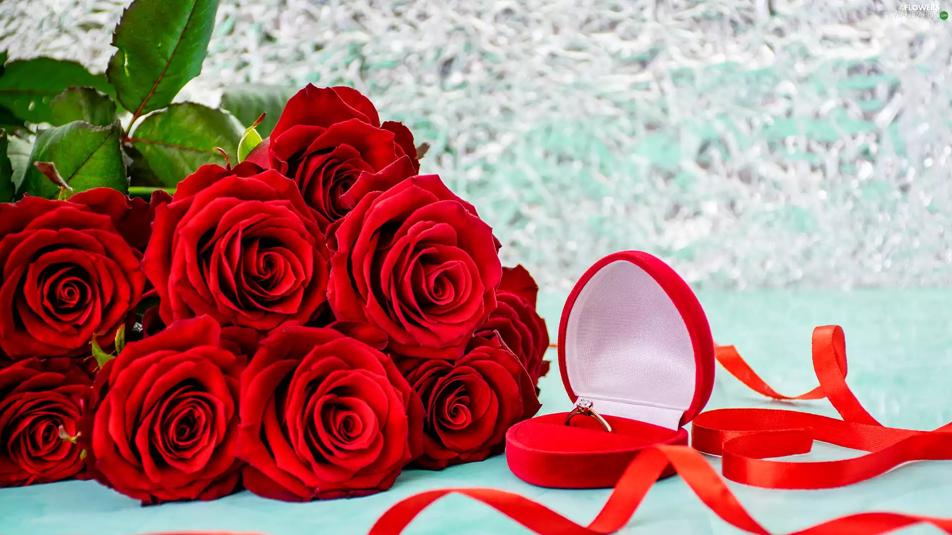 bouquet, Red, Box, ribbon, Ring, roses