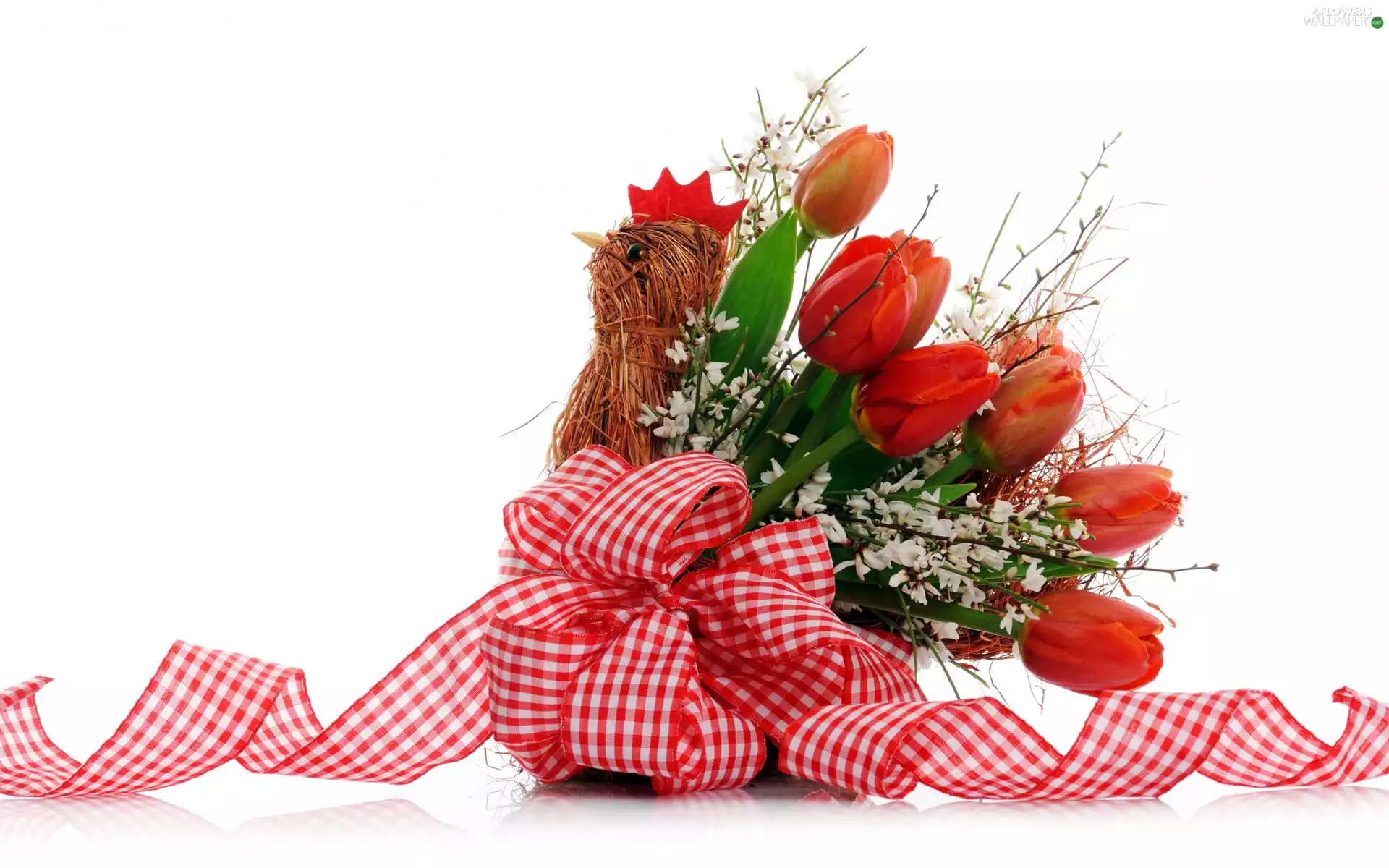 Cockerel, ribbon, Tulips, straw, Red
