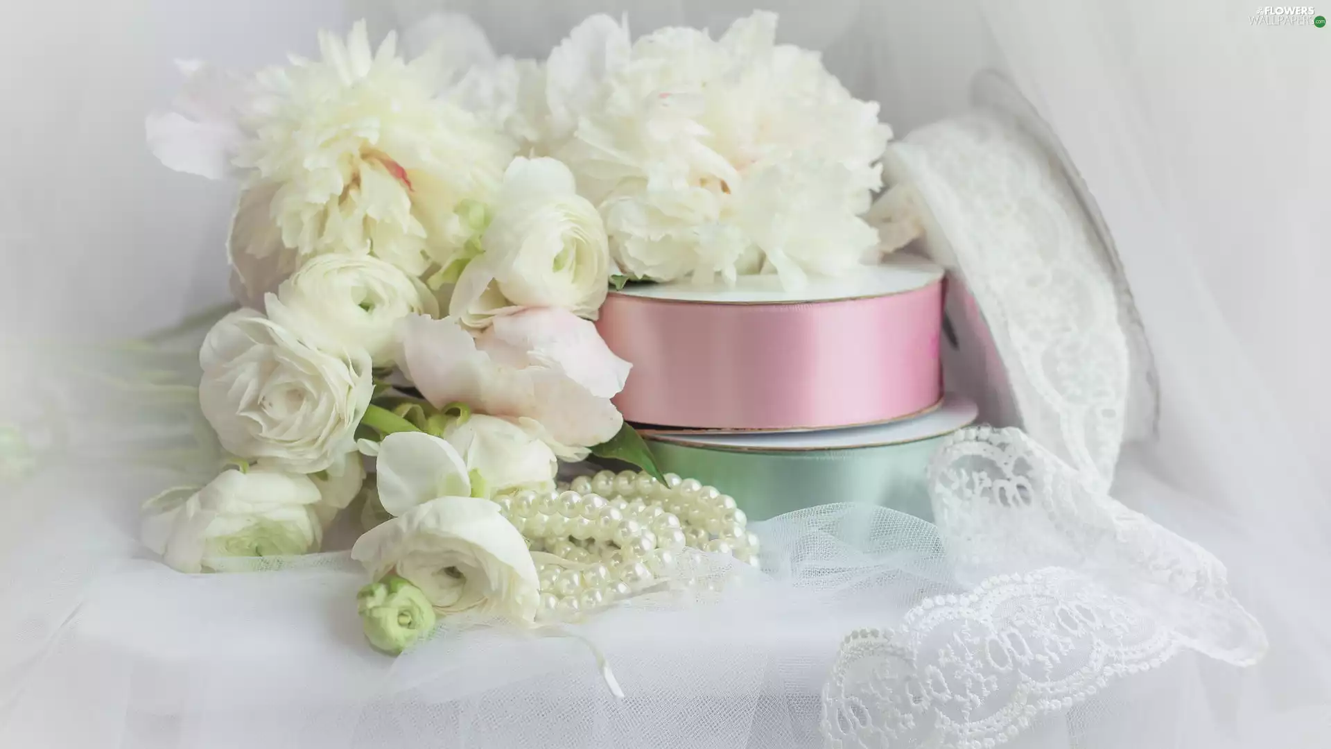 Peonies, Spools, Pearl, Ribbons
