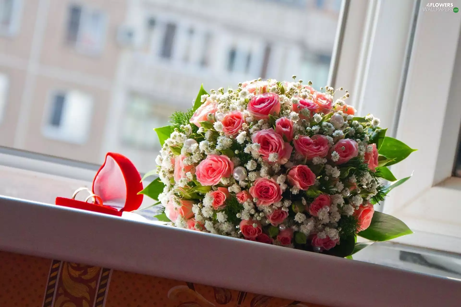 rouge, rings, parapet, bouquet, Window