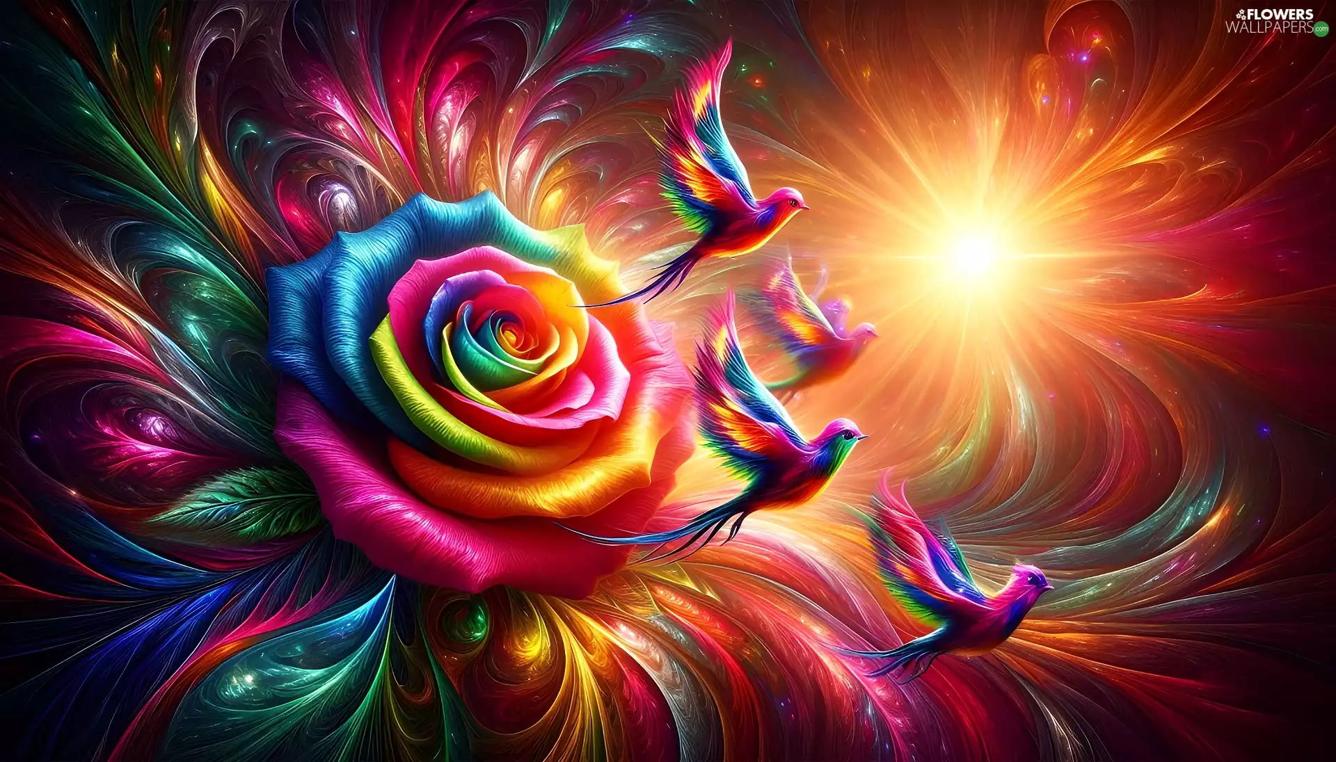 ligh, birds, flash, rose, color, sun, luminosity