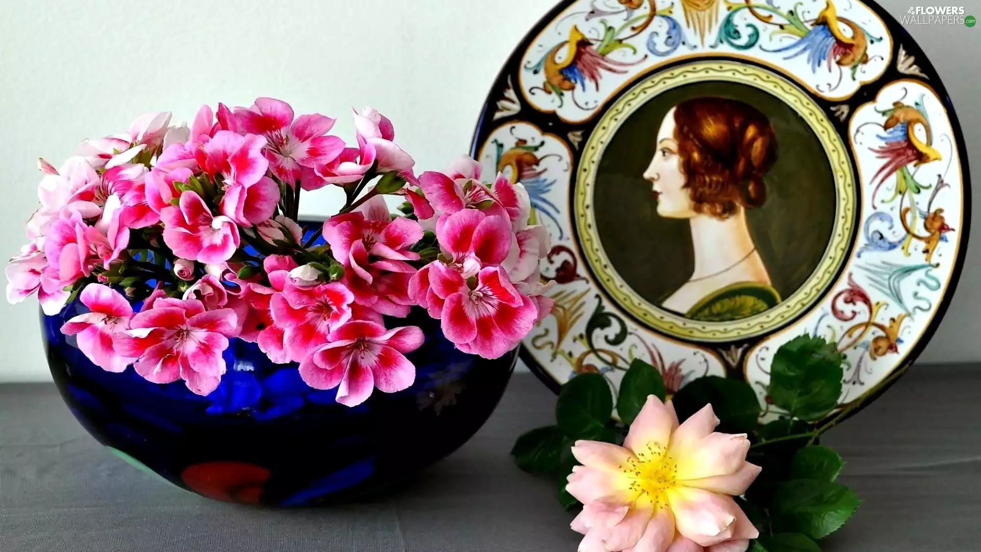plate, rose, geraniums, decorated, composition