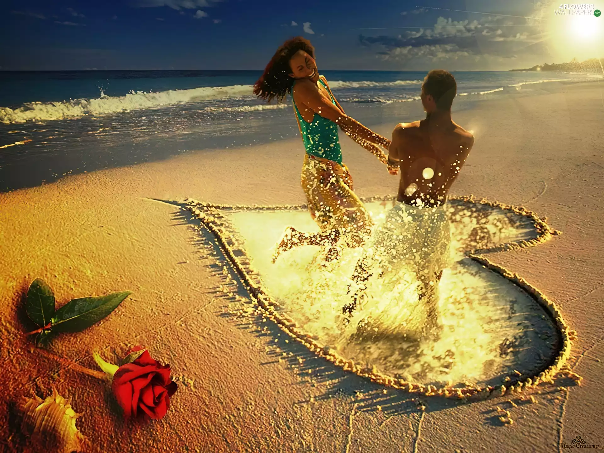 Sand, lovers, sea, rose, Beaches, Heart