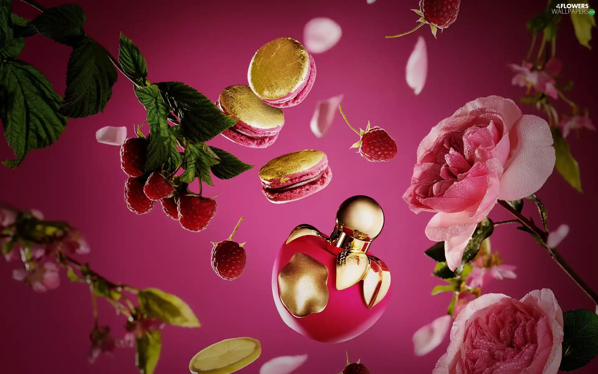 Flowers, Nina Ricci, cookies, bowl, perfume, Fruits, rose