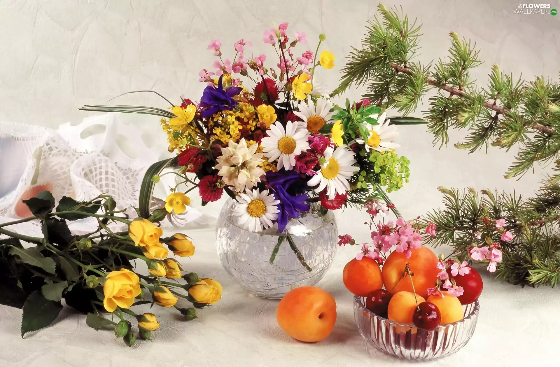bouquet, wild, apricots, flowers, Fruits, decoration, composition, roses
