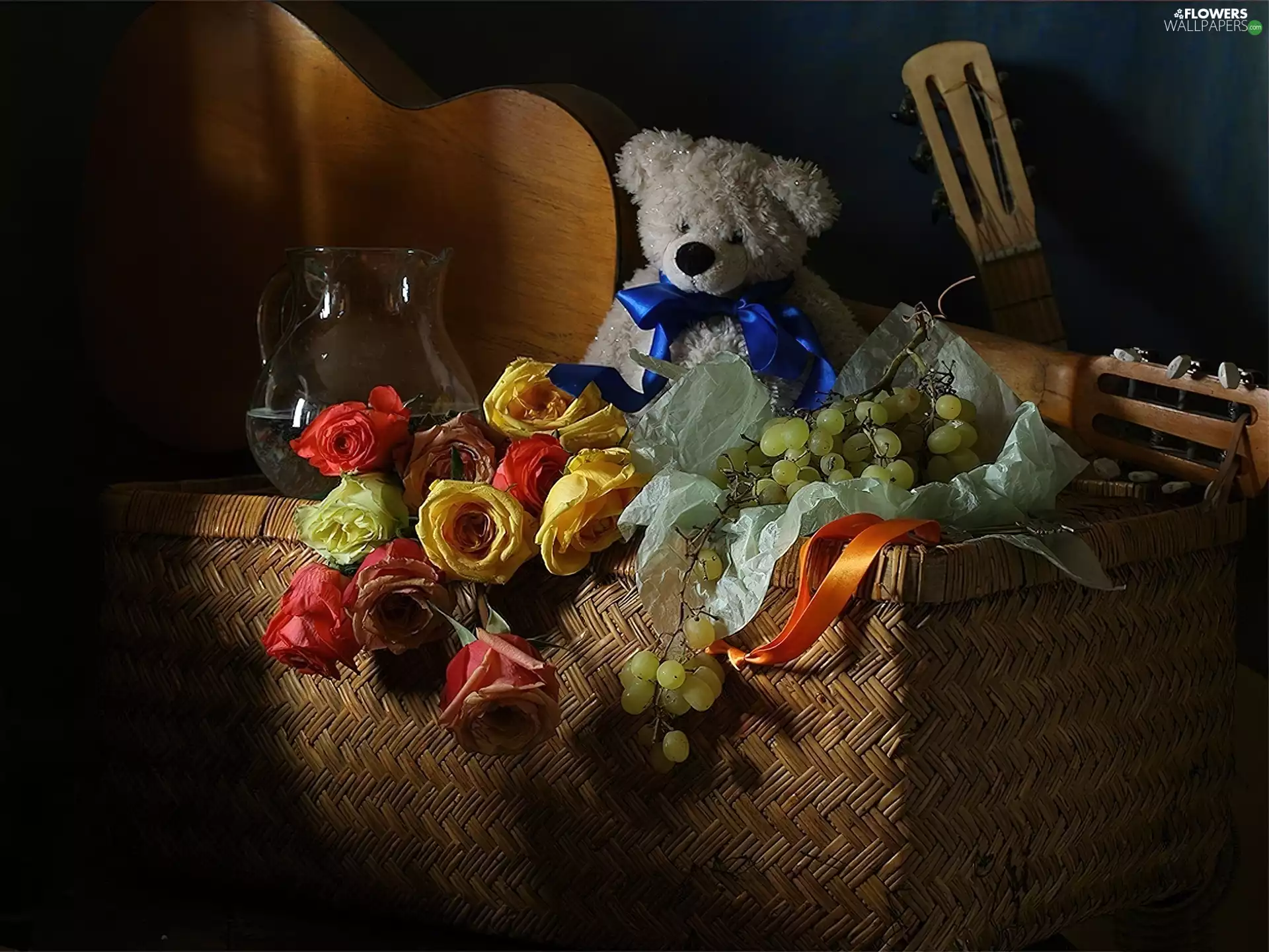 teddy bear, Guitar, roses, Grapes, basket