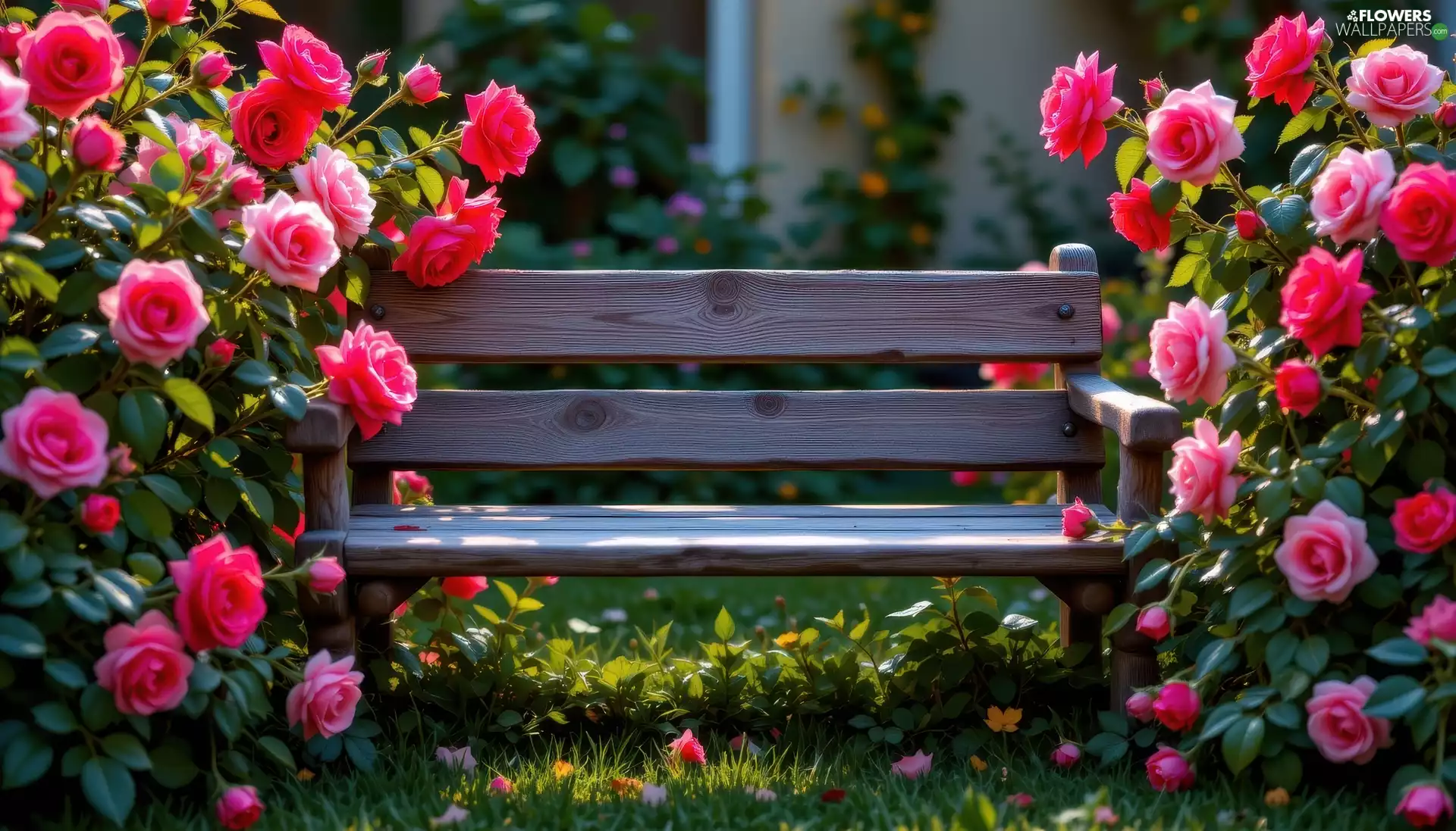 Red, roses, Bench, Pink, Wooden
