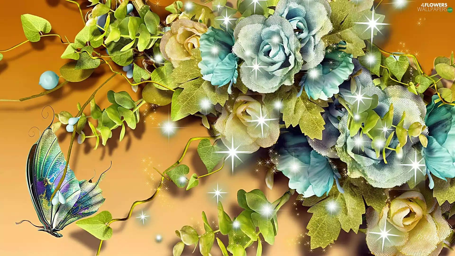 Blue, butterfly, Art, roses