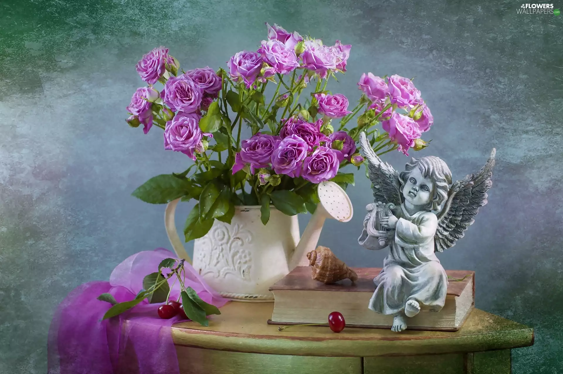 roses, watering can, cherry, figure, Book, bouquet, composition, angel