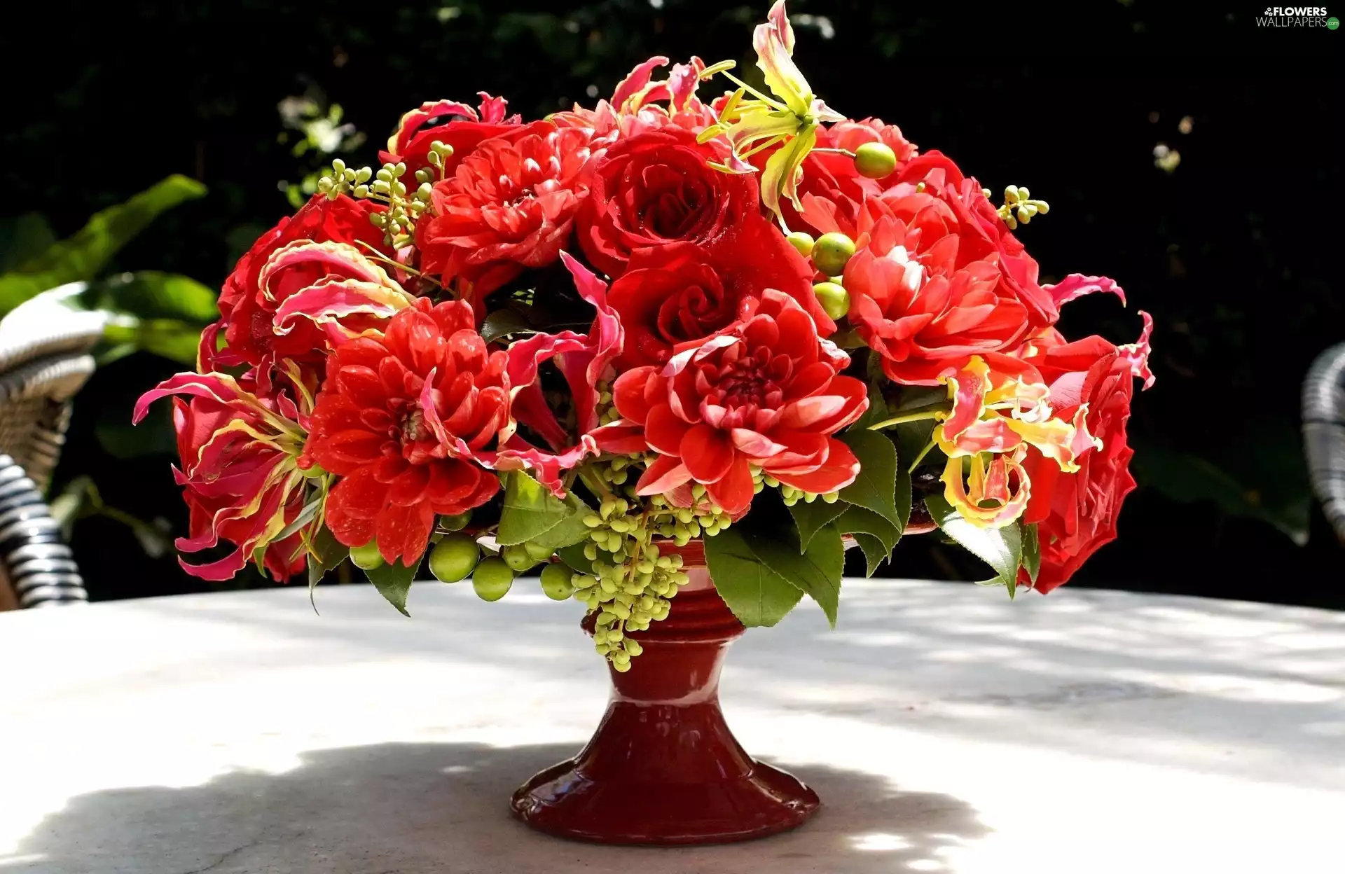 bouquet, dahlias, roses, Red