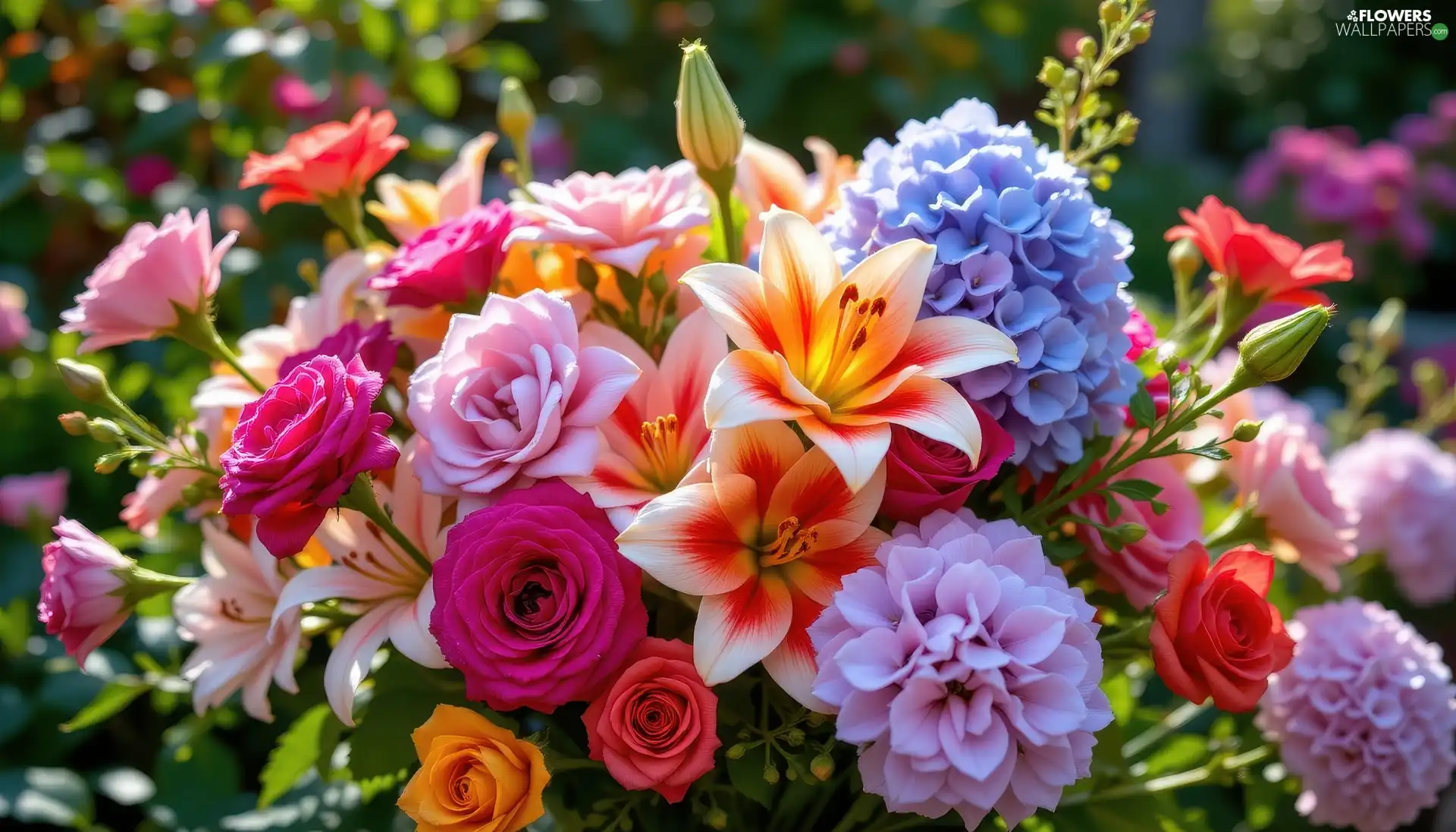 lilies, Flowers, bouquet, roses, color, hydrangeas, Garden
