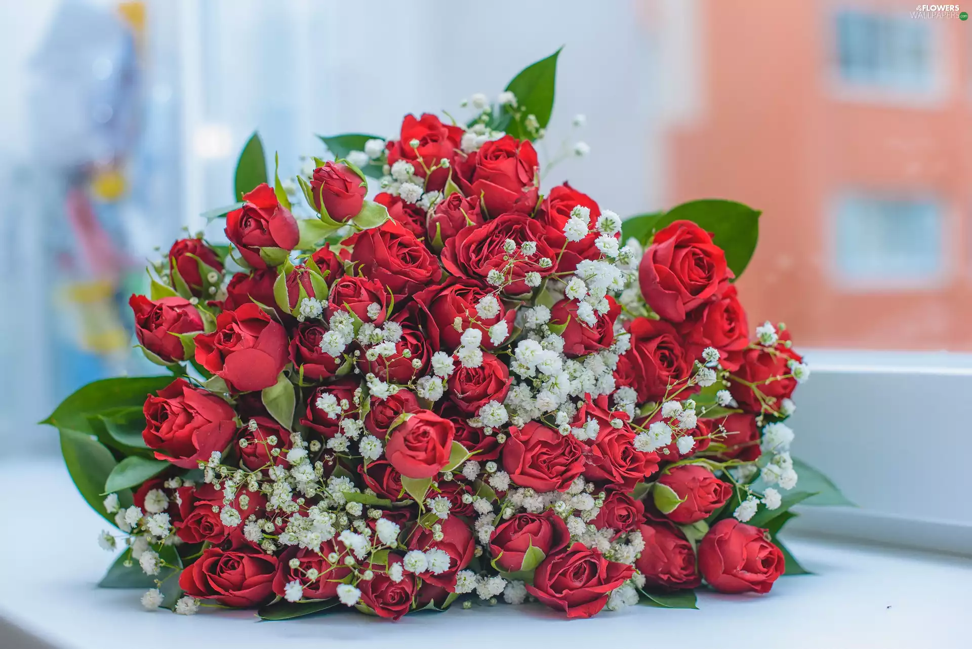bouquet, parapet, Window, roses
