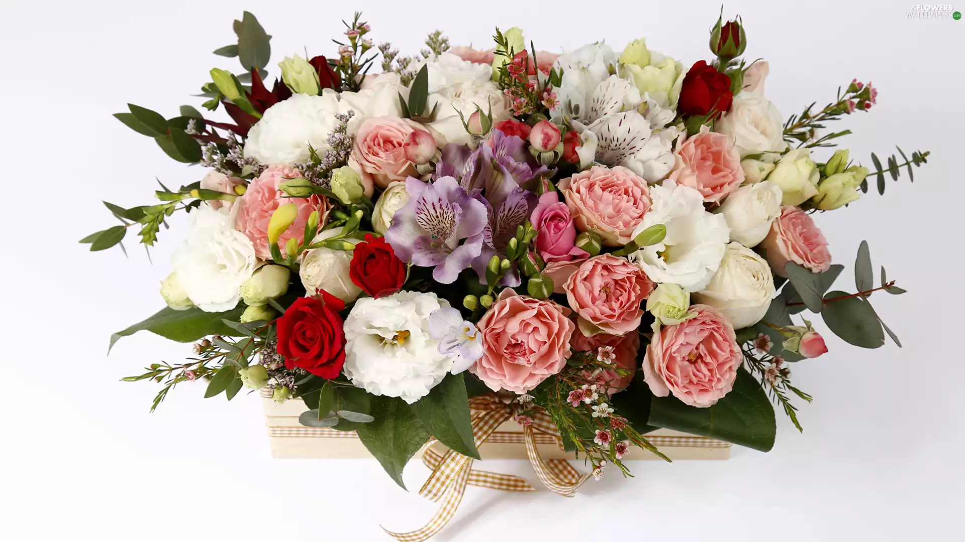 Eustomy, bouquet, box, roses, Flowers, Alstroemeria, bow