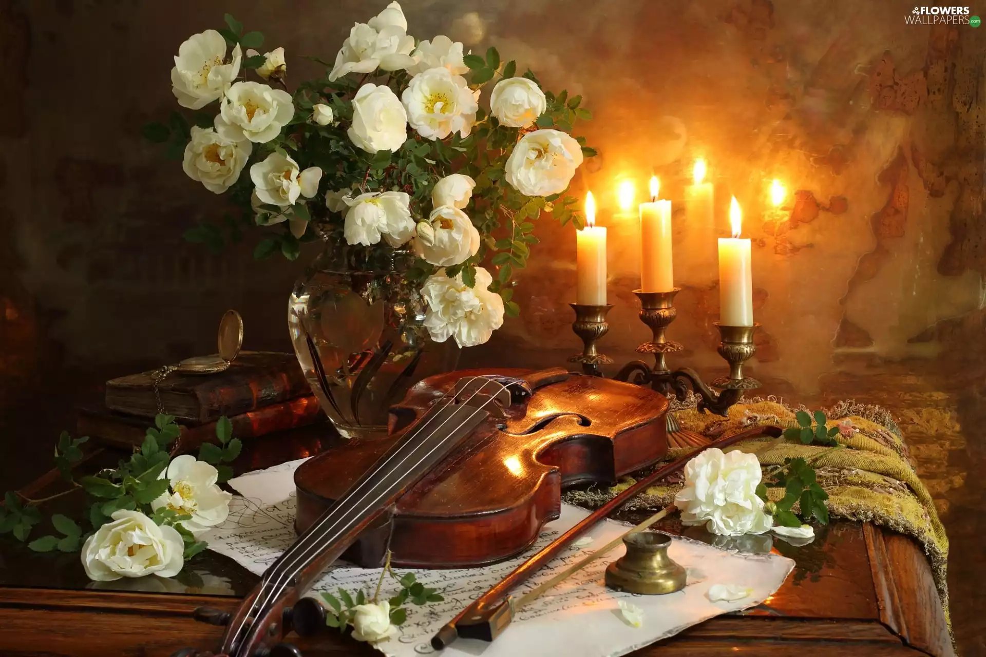 roses, Flowers, bouquet, Vase, Watch, composition, Candles, Books, violin