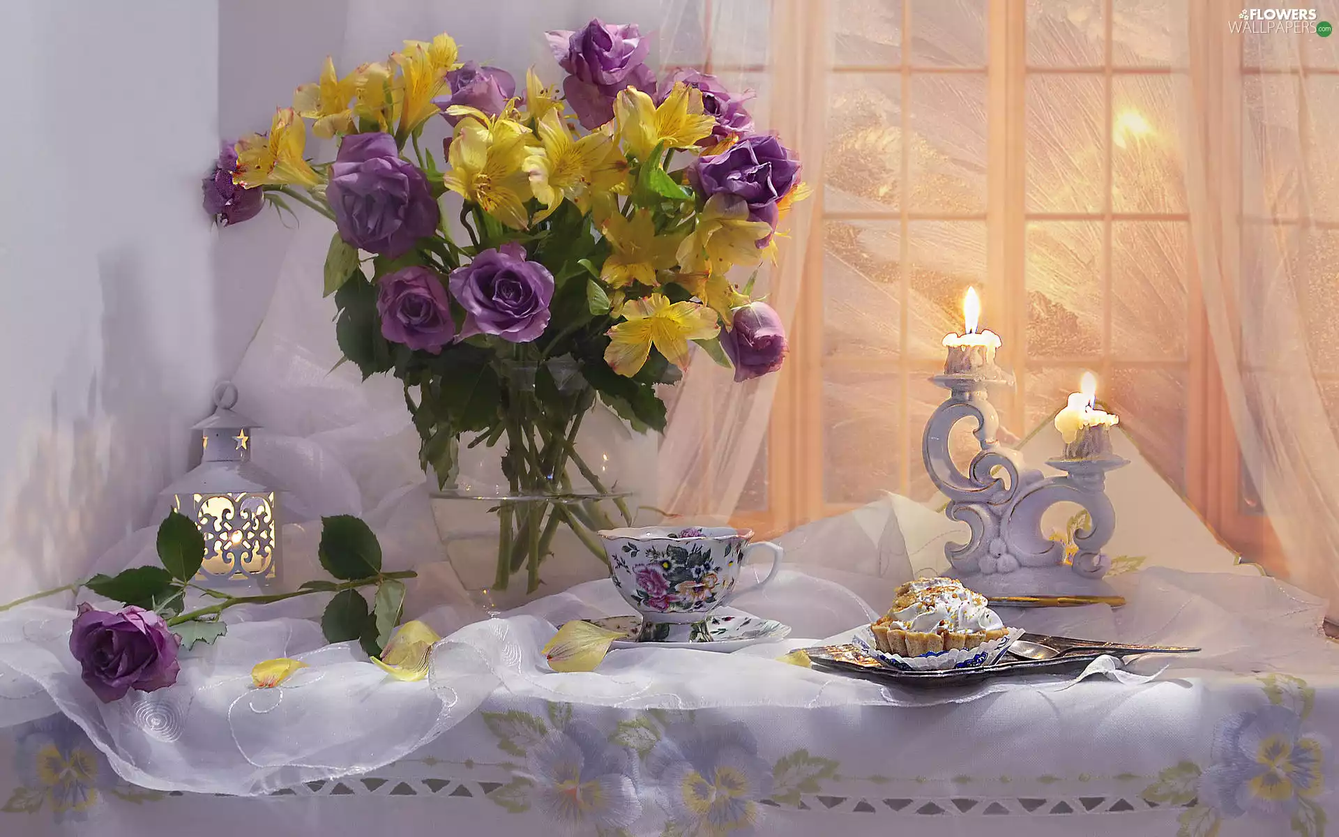 roses, Flowers, Alstroemeria, bouquet, cake, Window, Candles, cup, Vase