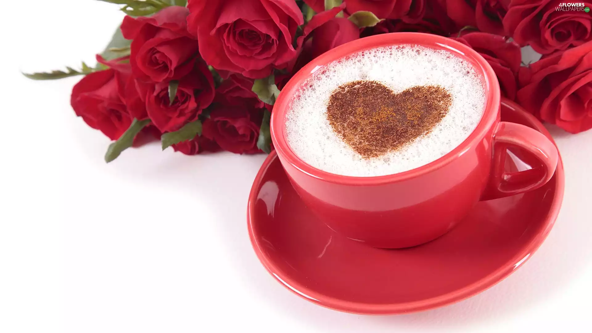 cup, coffee, mousse, roses, Heart, cappuccino