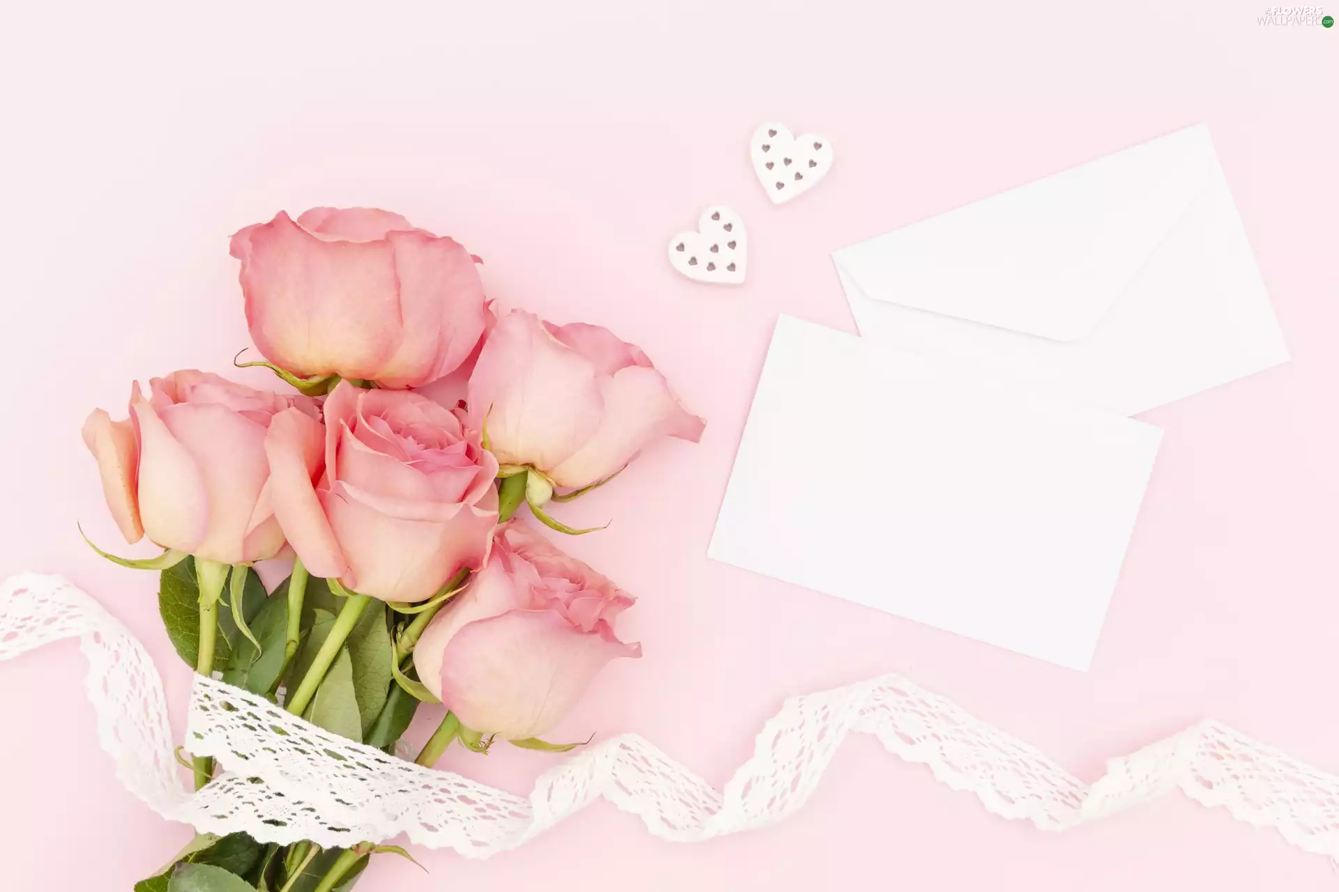 roses, Flowers, White, ribbon, Pink, background, card, envelope, hearts