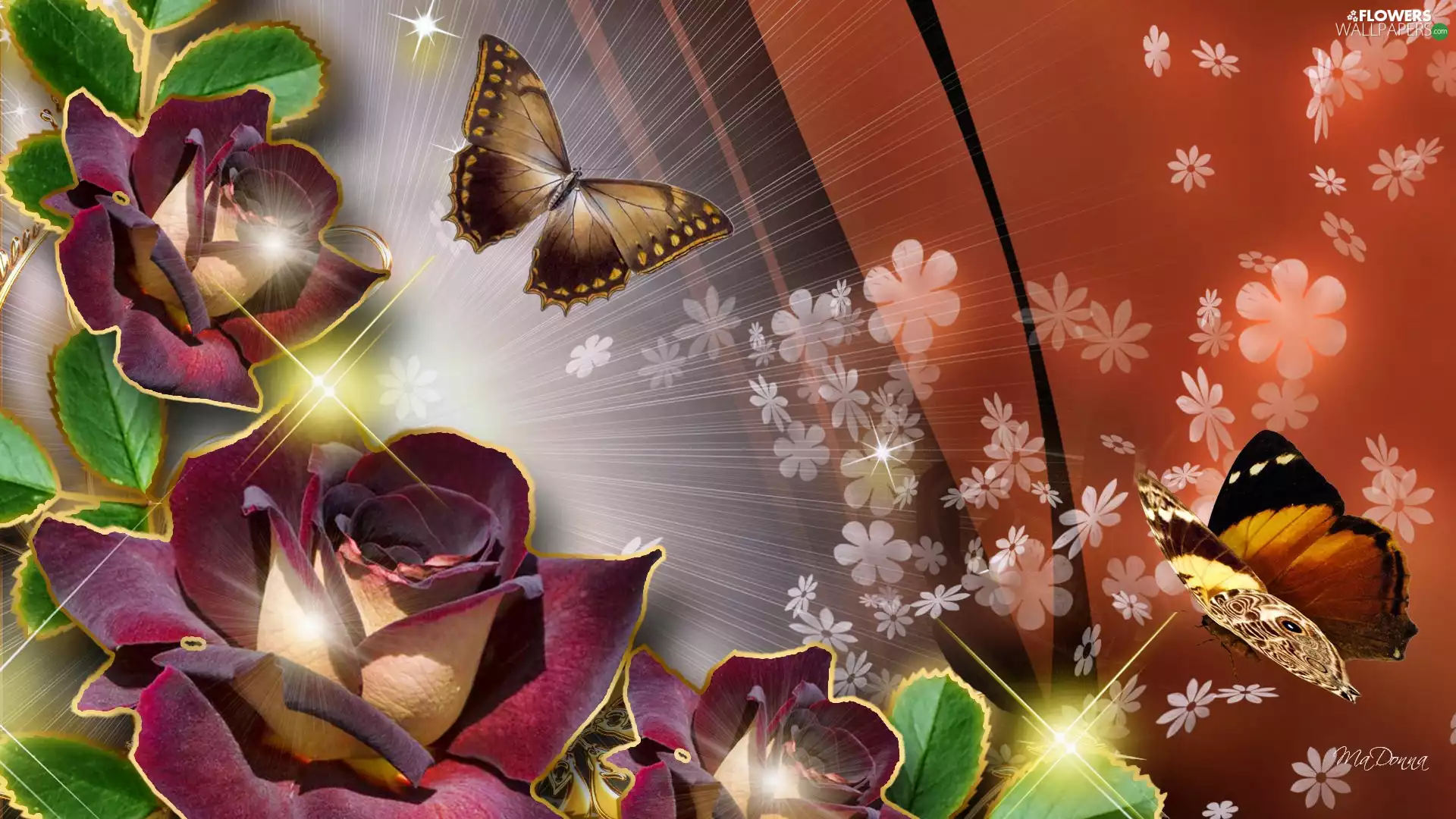 claret, butterflies, Art, roses