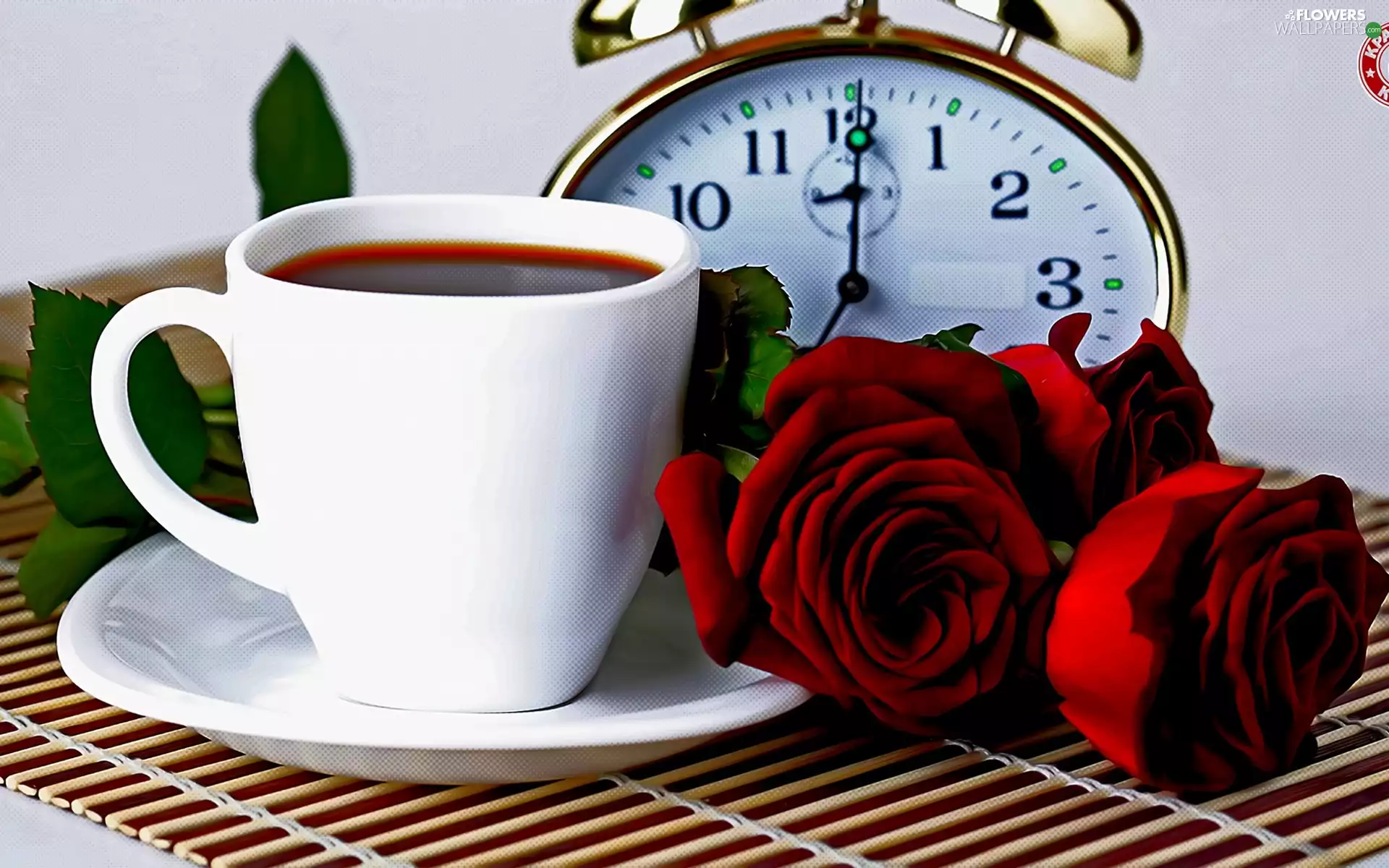 alarm clock, Red, roses, cup