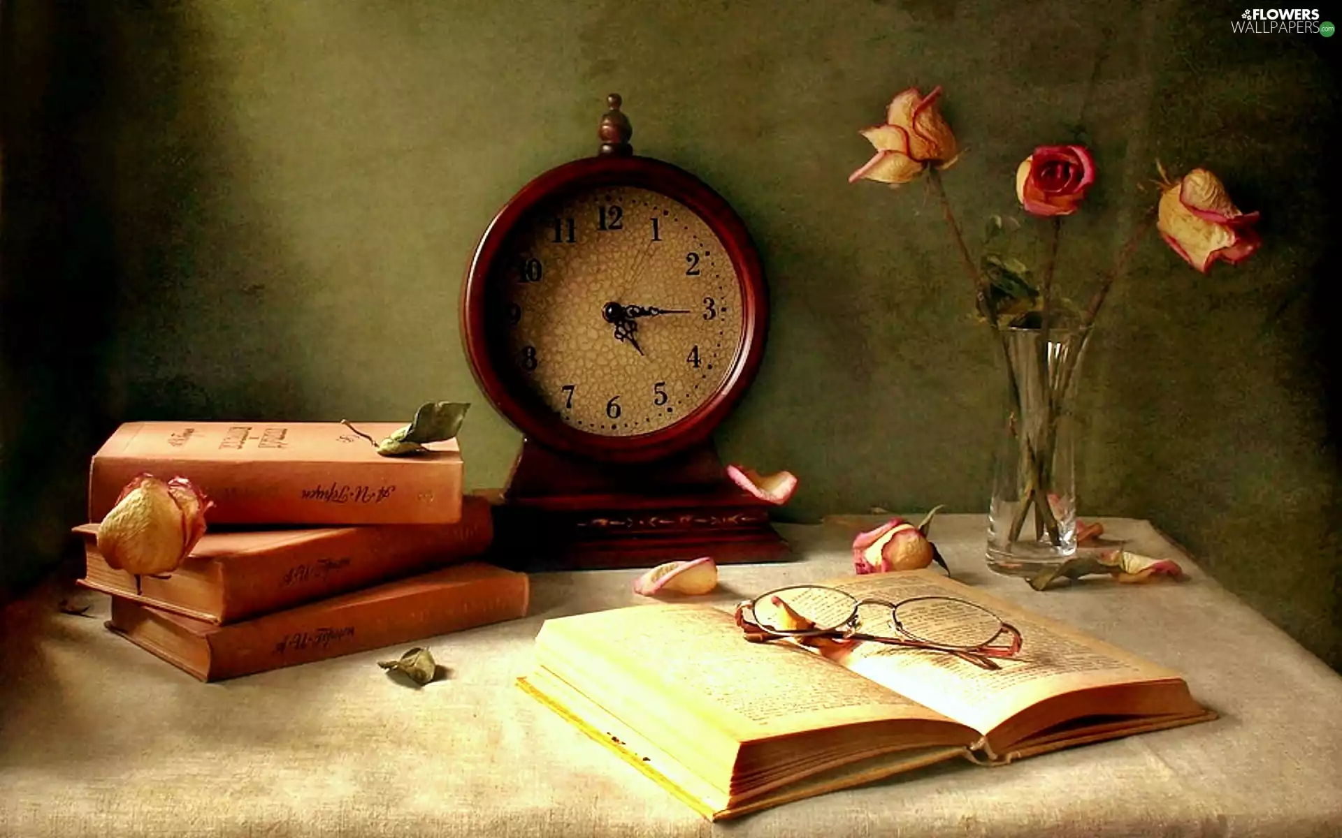 Clock, Books, Glasses, roses