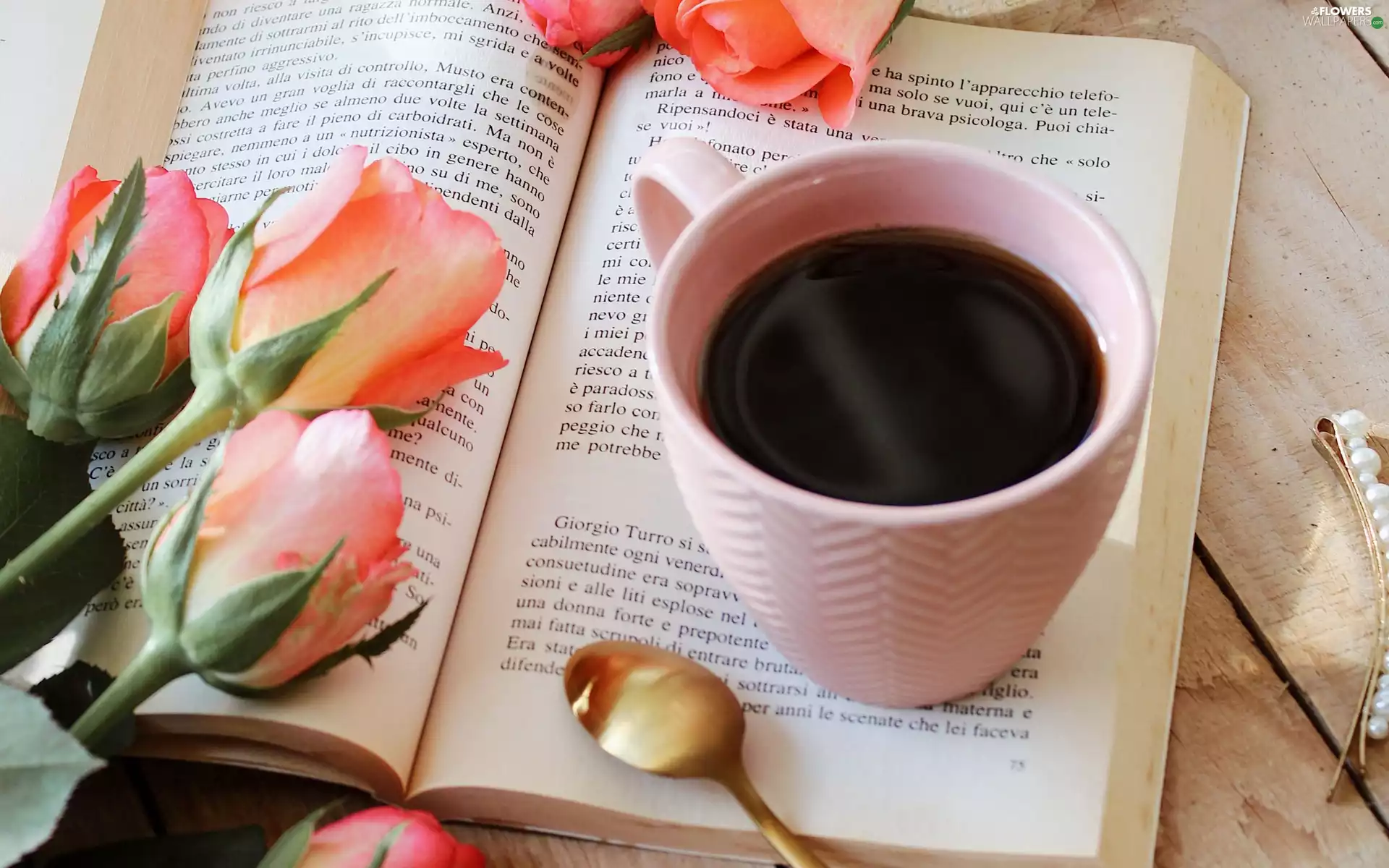 Flowers, roses, coffee, Book, Cup