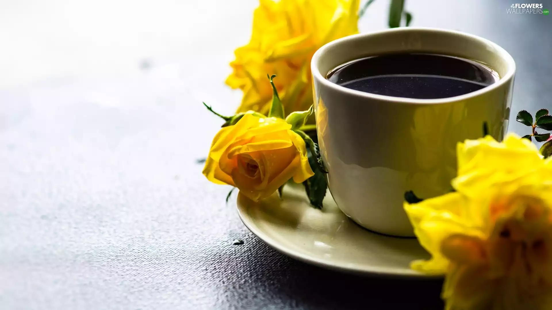Yellow, roses, coffee, saucer, cup