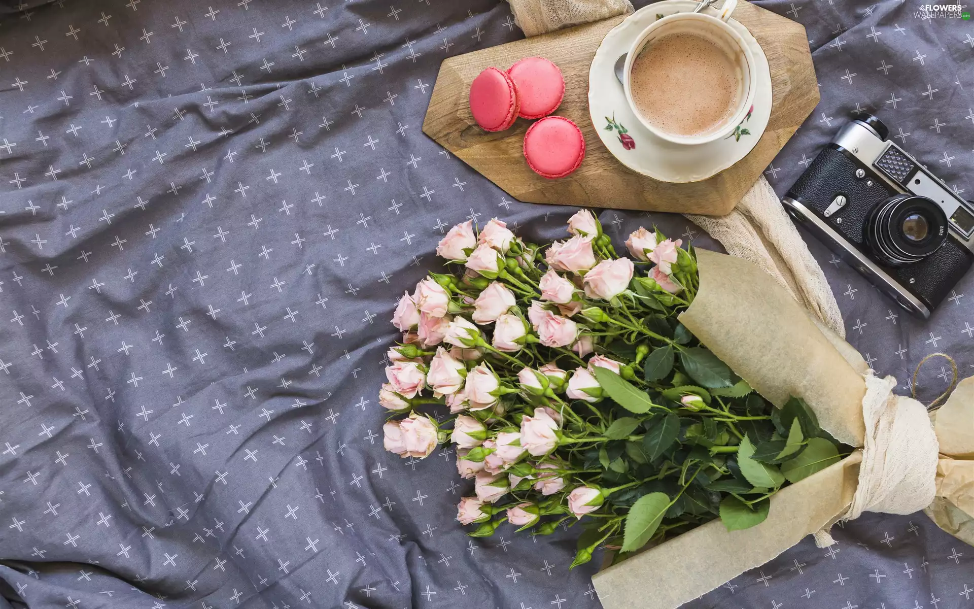Camera, bouquet, cup, roses, composition, Macaroons, coffee