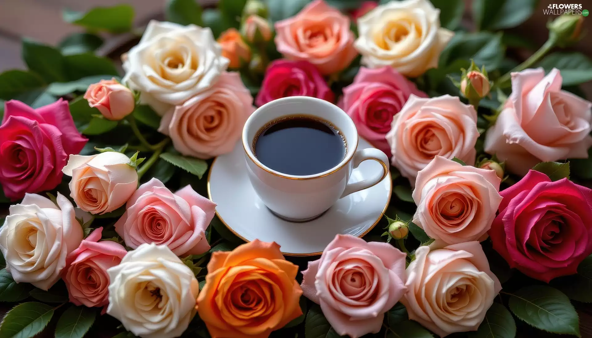 coffee, White, color, roses, plate, cup