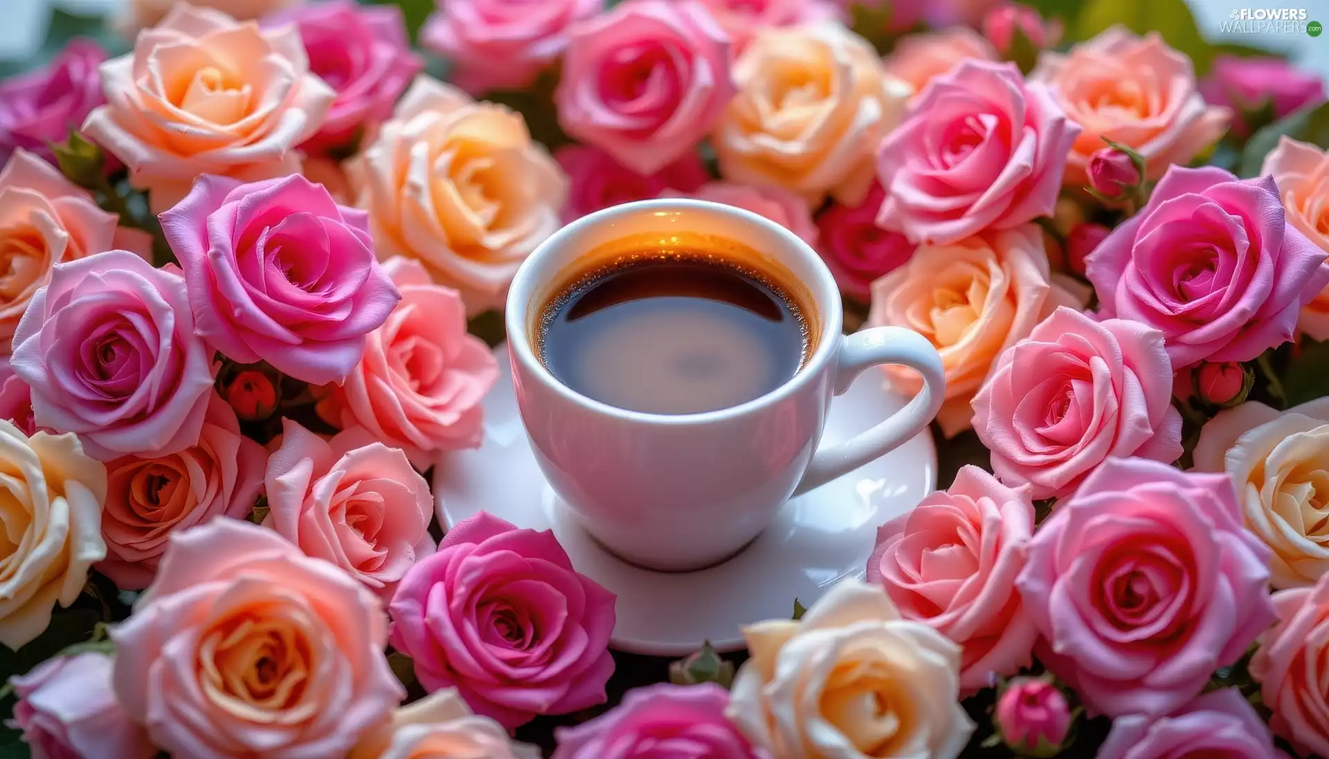 coffee, roses, cup, plate, White