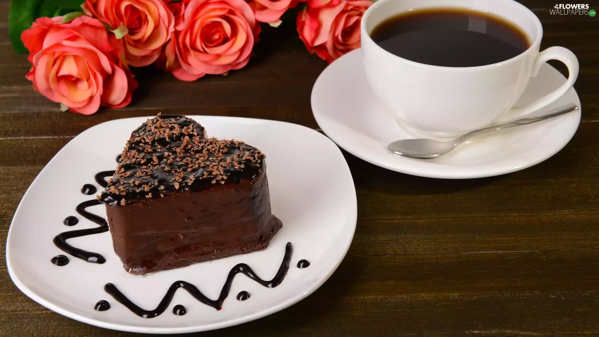 cake, coffee, Flowers, roses, Cake, dessert