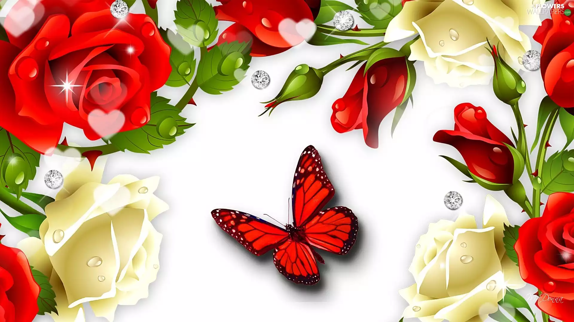 Flowers, butterfly, Art, roses