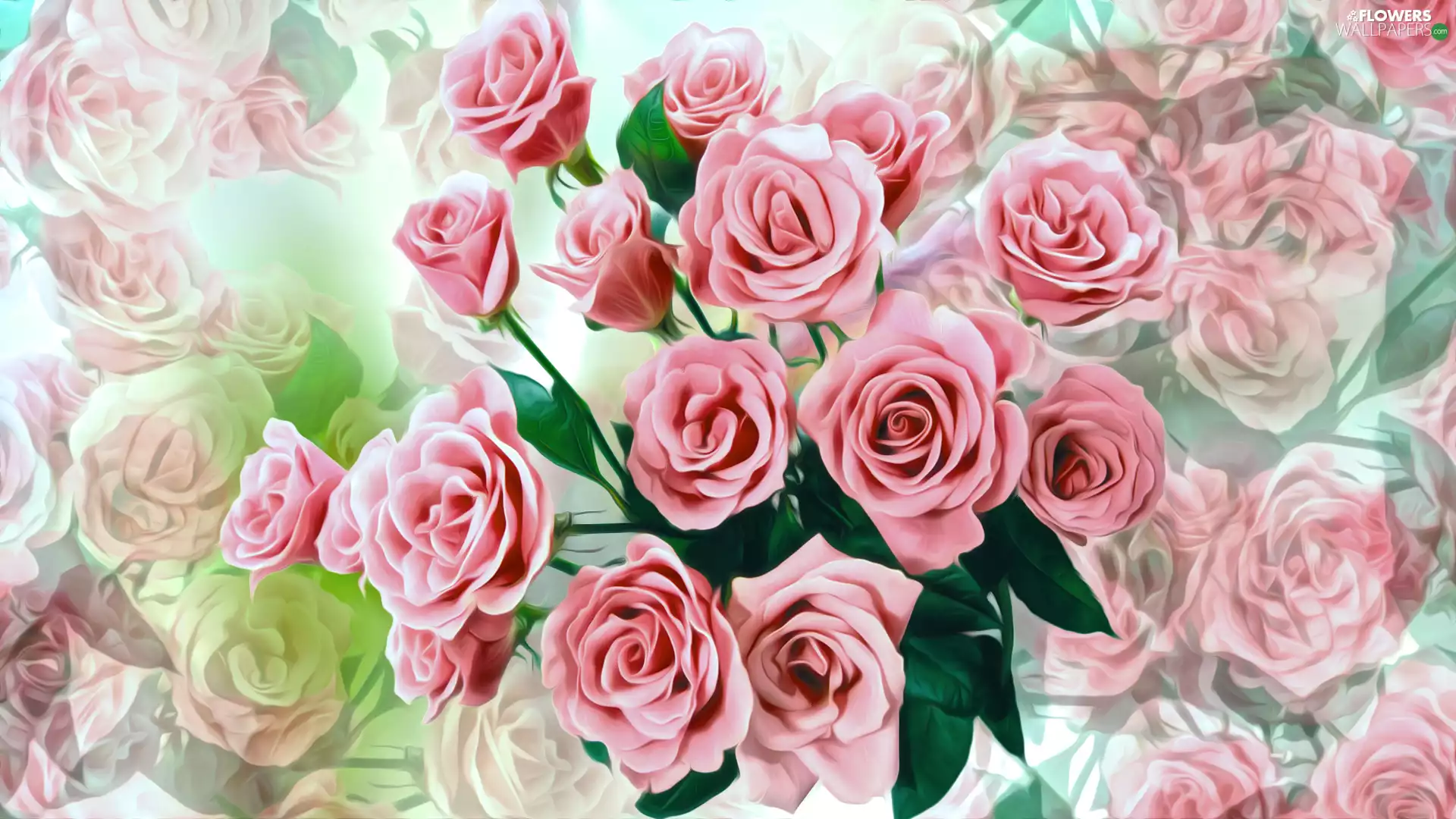 2D, Colorful Background, roses, bouquet, Flowers