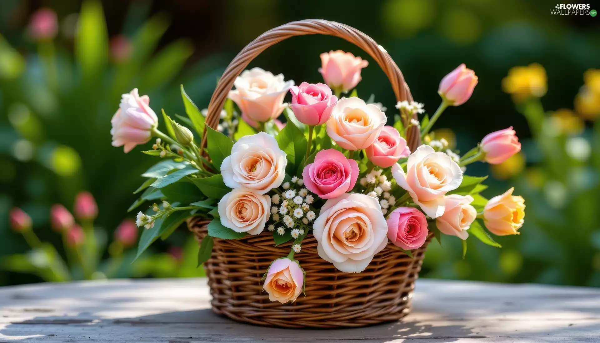 Flowers, wicker, basket, roses