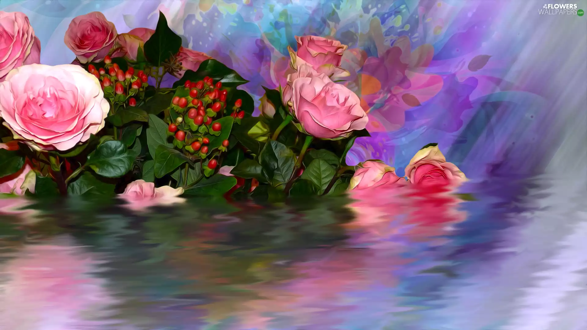 Flowers, water, graphics, roses