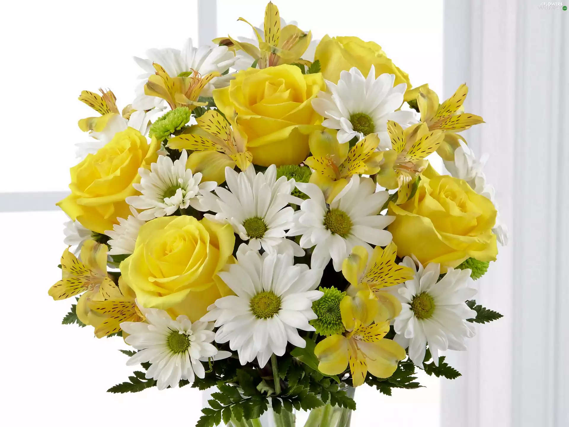 Alstroemeria, bouquet, Yellow, roses, daisy, flowers