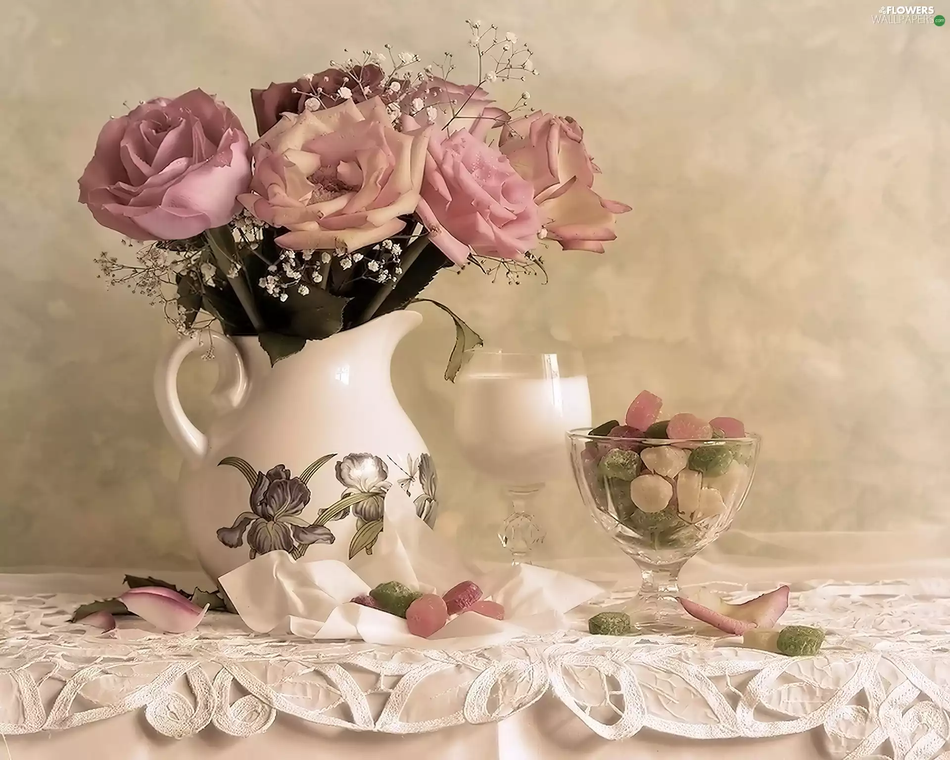 jug, milk, Drops, roses