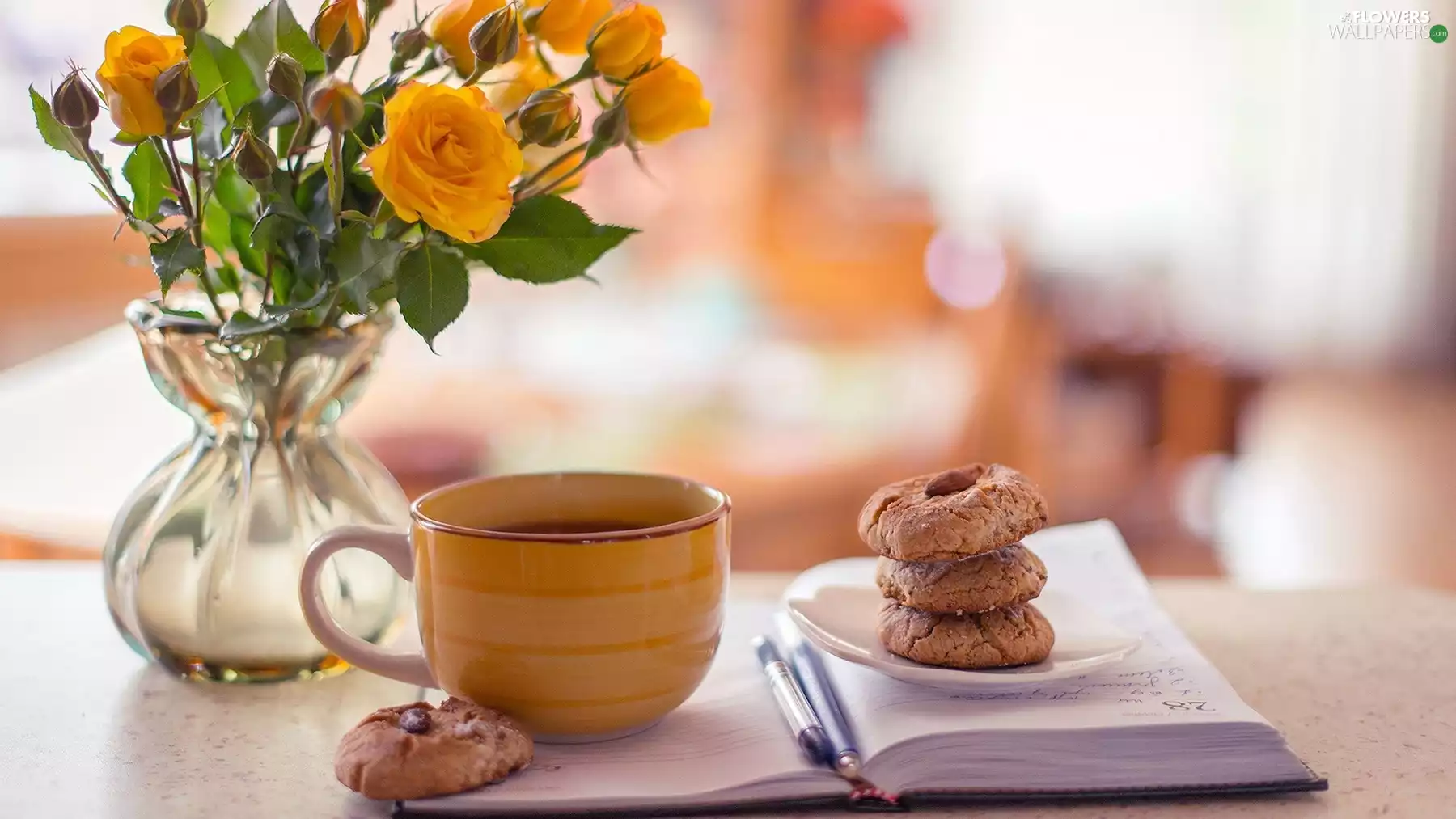 Cookies, Yellow, Pens, roses, bouquet, Fascilice, cup